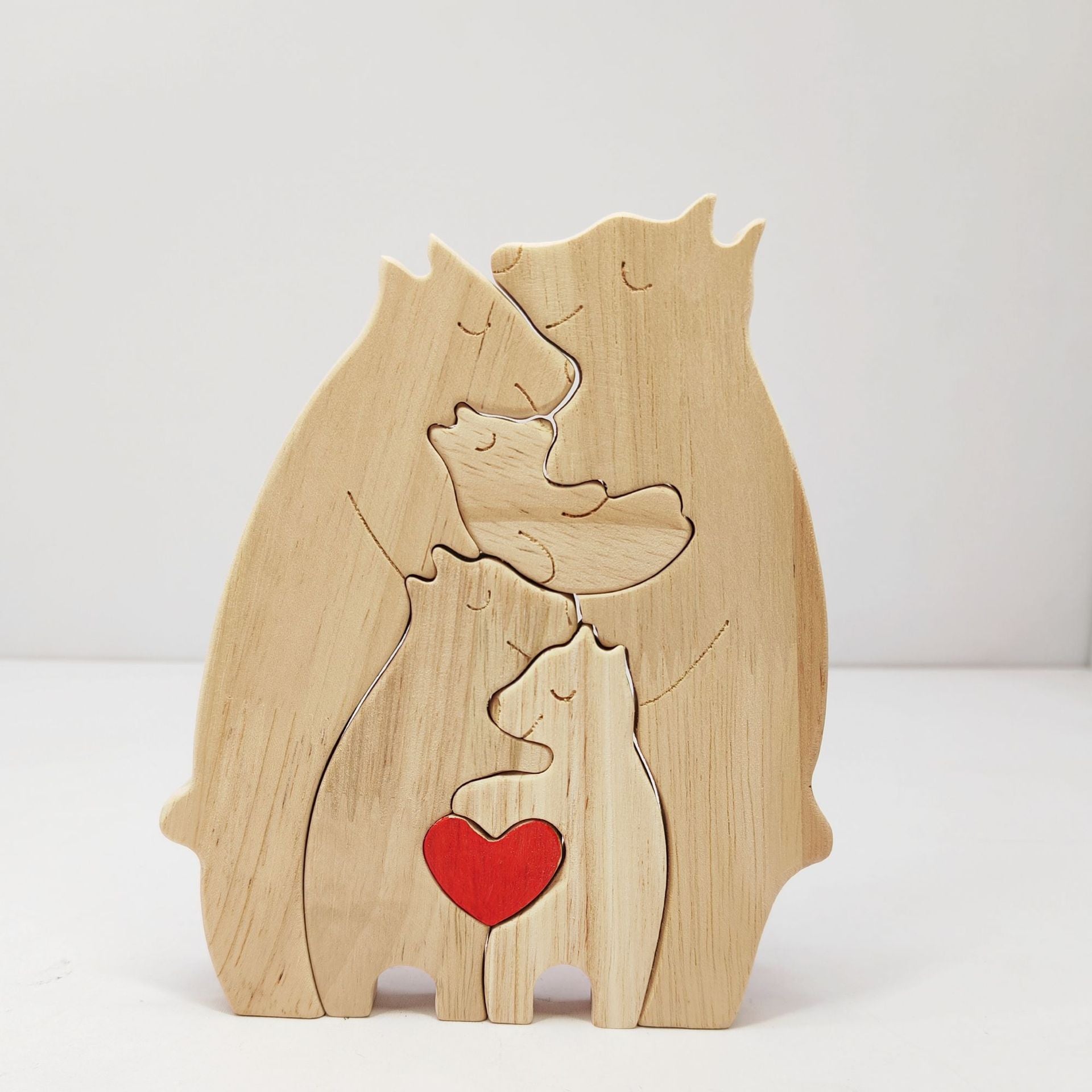 Heart-Shaped Bear Family Wood Art, Natural Oak Wall Shelf Decor for Living Room & Nursery, Handmade Wooden Puzzle Display for Mantel and Bookshelves, Sentimental Home Accent