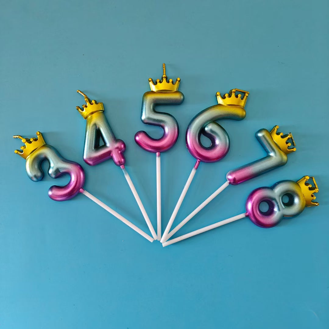 Colorful Crown Number Candles - Elegant Birthday Cake Toppers with Royal Design