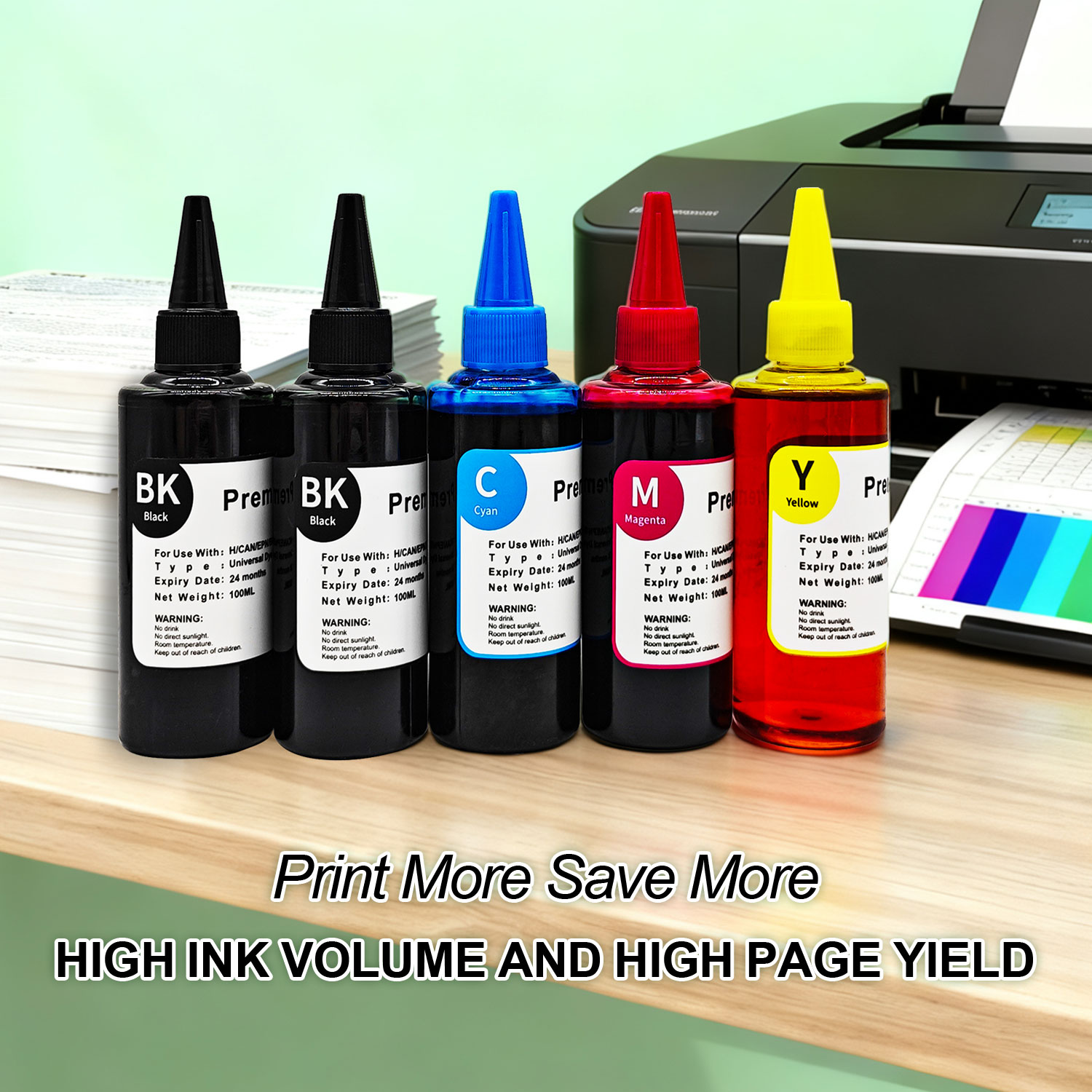 Professional Grade Ink Refill Kit | Complete 5-Bottle Set with Precision Syringes for Refillable Cartridge Systems | Dye Ink for Text & Graphics Printing