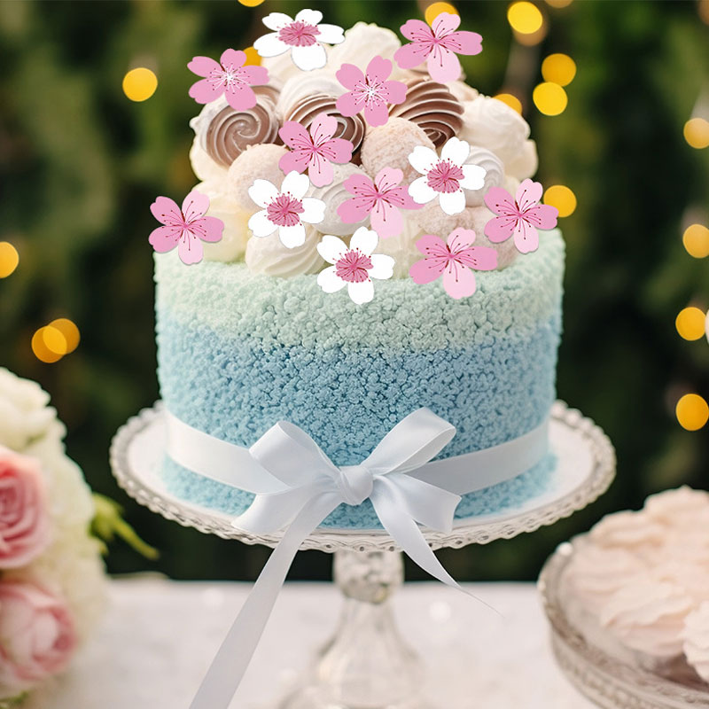 Spring Sakura Blossom Set | 60 Edible Wafer Paper Cherry Flowers with Gradient Petals, Japanese Garden-Inspired Cake Decor, Delicate Falling Petal Effect for Dessert Tables