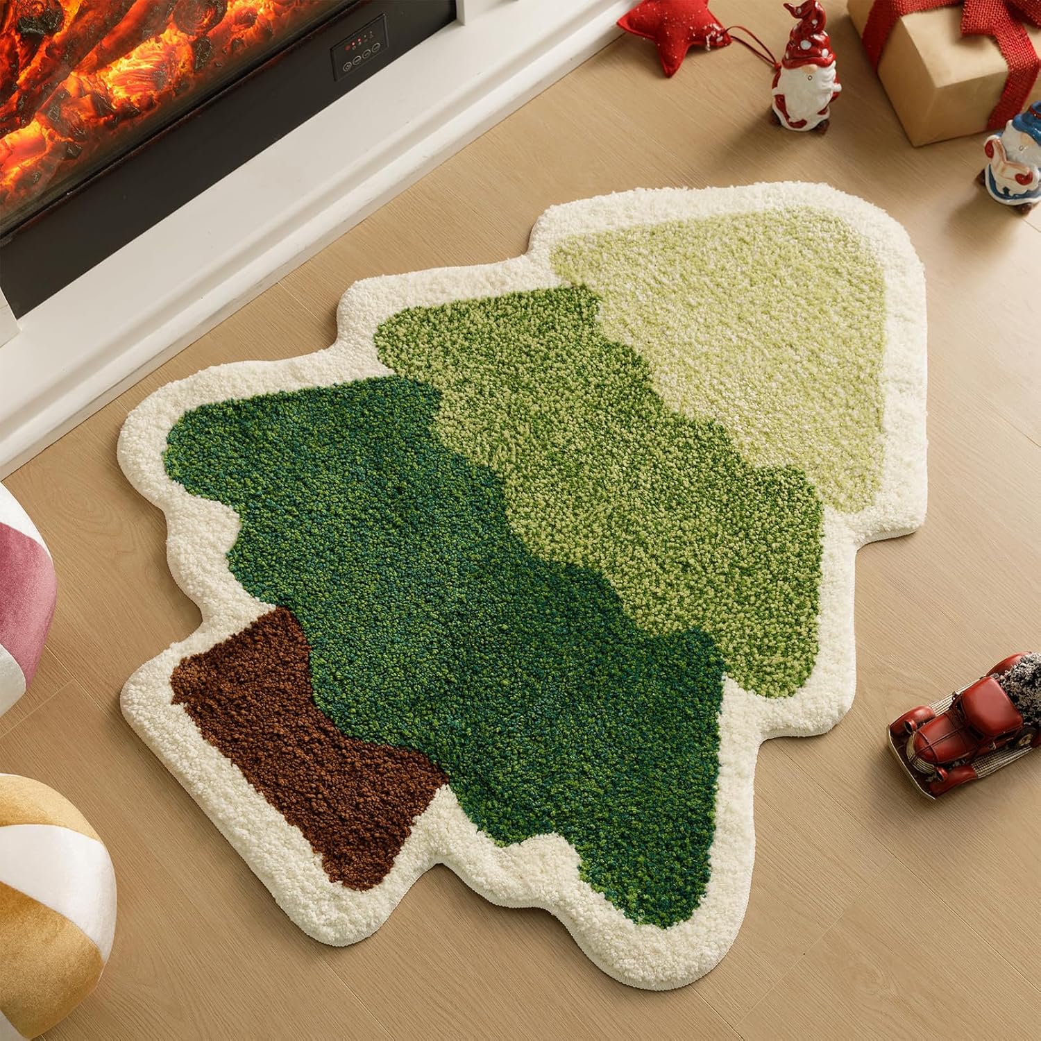 Christmas Tree Design Tufted Rug | 60x90cm Light Green Holiday Floor Mat, High-Pile Absorbent Doormat for Indoor & Outdoor Festive Decor