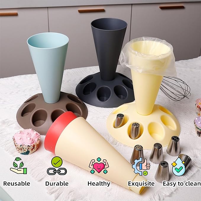 Piping Bag Holder Stand for Filling, Pastry Bag Holder Stand, Decorating Bag Holder with 8 Slots Nozzles Holder, Plastic Pastry Bag Stand for Cake Decorating Kit, Baking Accessories (Blue)（Red)(Yellow)(Grey)(Black)