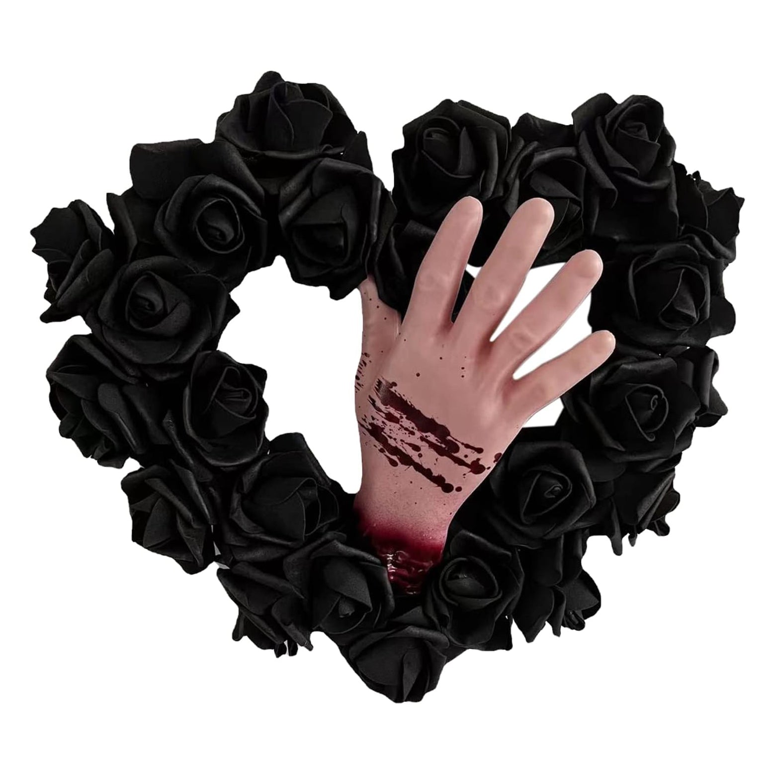 Halloween Bloody Hands Black Rose Wreath for Front Door,13.8 Inch Artificial Rose Heart-Shaped Rattan Wreath,Horror Wreath Hanging Ornament for Wall Window Halloween Decoration
