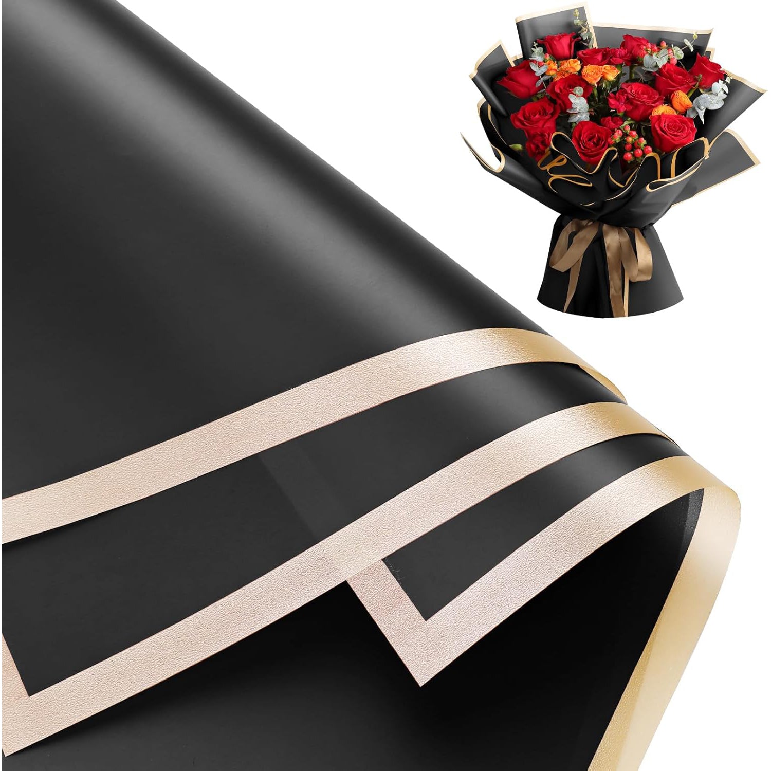 20 Sheets 23 x 23 inch Bouquet Wrapping Paper, Waterproof Flower Wrapping Paper Floral Packing for Wedding Valentines Day Birthday Gift DIY Black