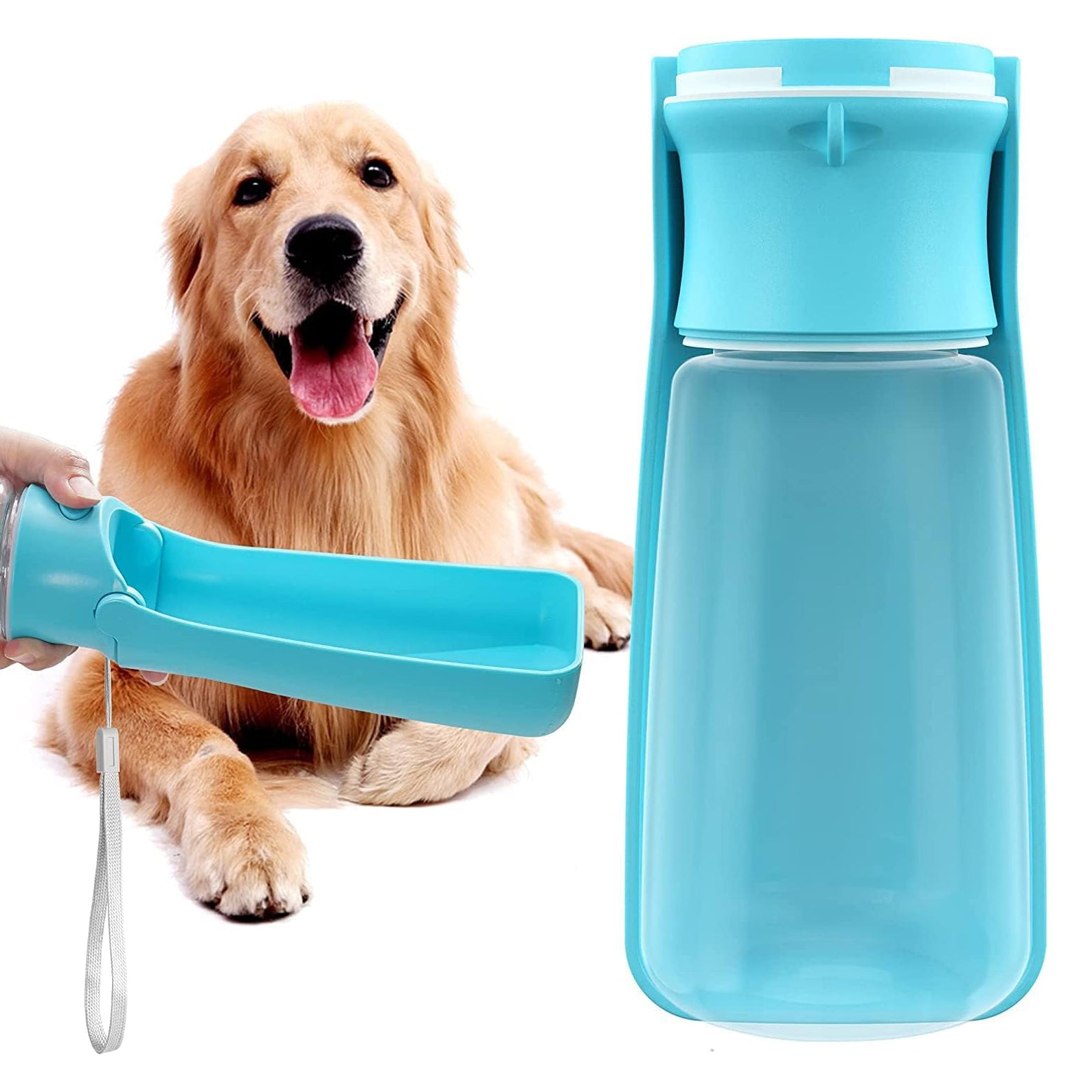 Pet Friendly Foldable Care Water Bottle by EMVA. 550 ml 19 Oz Retractable Handheld Bottle with Built in Drinking Cup!!! (Blue)