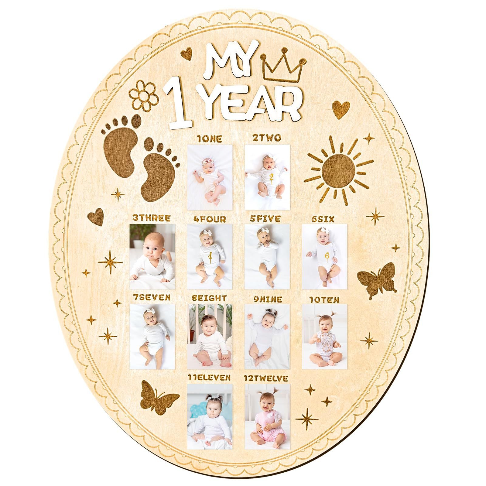 My First Year Display Photo Board First Birthday Wooden Photo Frame Wood One Year Baby Monthly Picture Board 12 Months Milestone Baby Keepsake Gift Baby Shower Backdrop Photo Prop Party Decoration