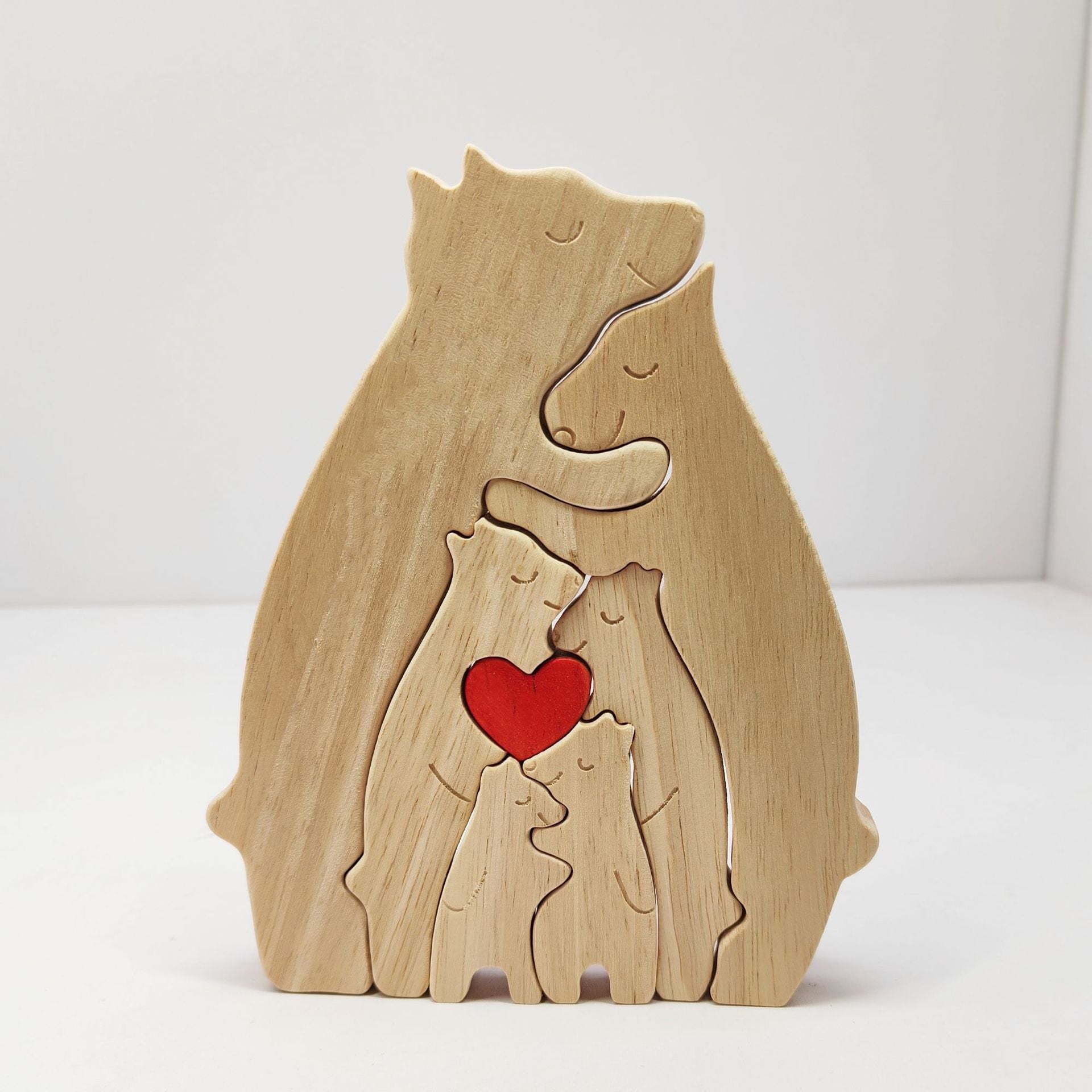 Heart-Shaped Bear Family Wood Art, Natural Oak Wall Shelf Decor for Living Room & Nursery, Handmade Wooden Puzzle Display for Mantel and Bookshelves, Sentimental Home Accent