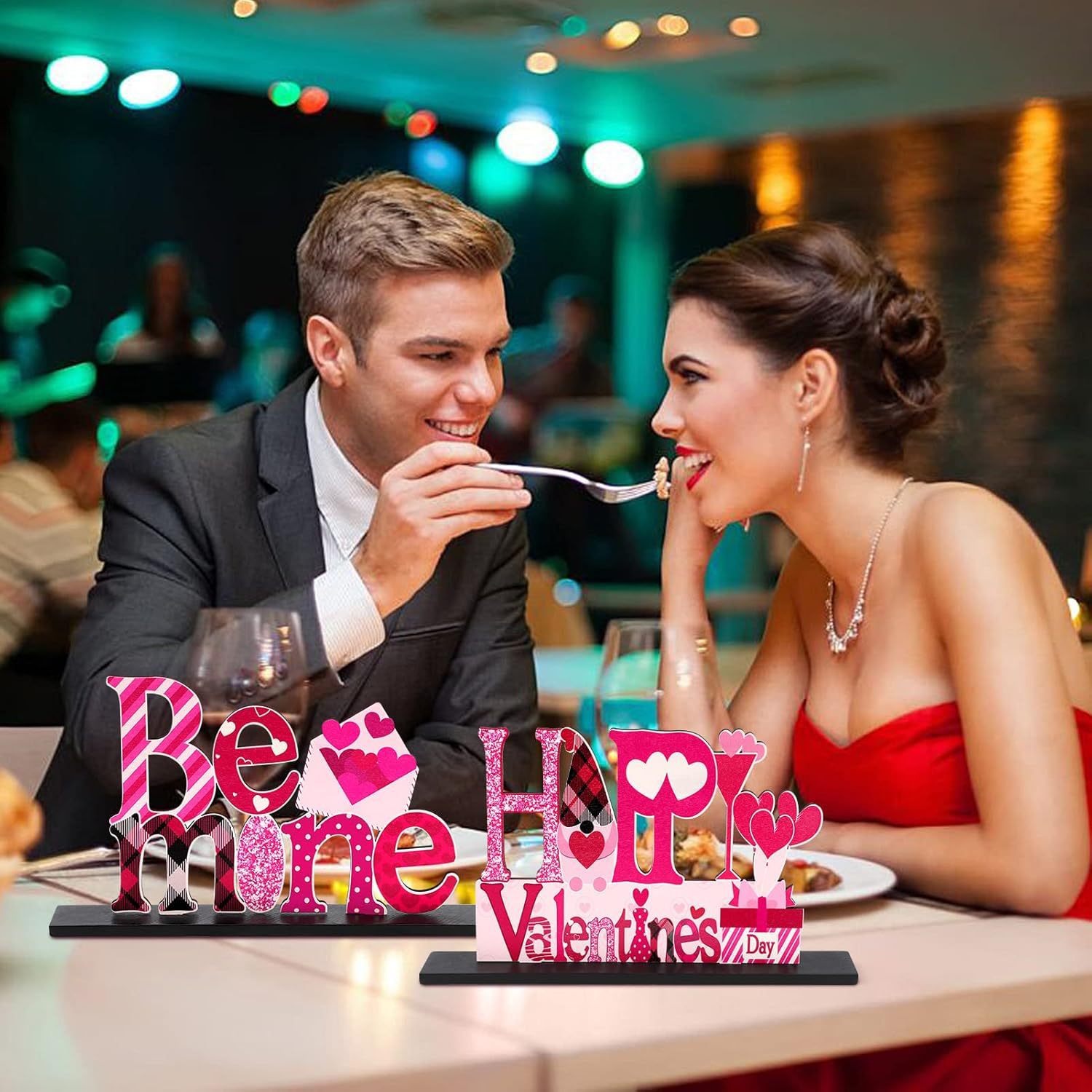 Romantic Dinner Table Centerpiece | Wooden Love Sign for Couples' Dining Setup, Candlelit Valentine's Decor with Heart Carving, Intimate Table Setting Accent for Two