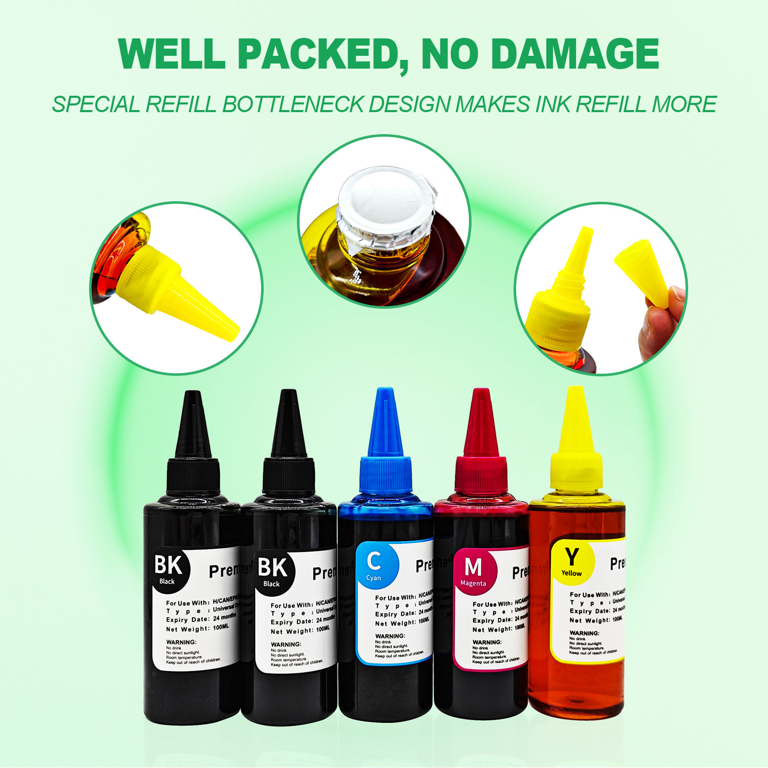 Professional Grade Ink Refill Kit | Complete 5-Bottle Set with Precision Syringes for Refillable Cartridge Systems | Dye Ink for Text & Graphics Printing