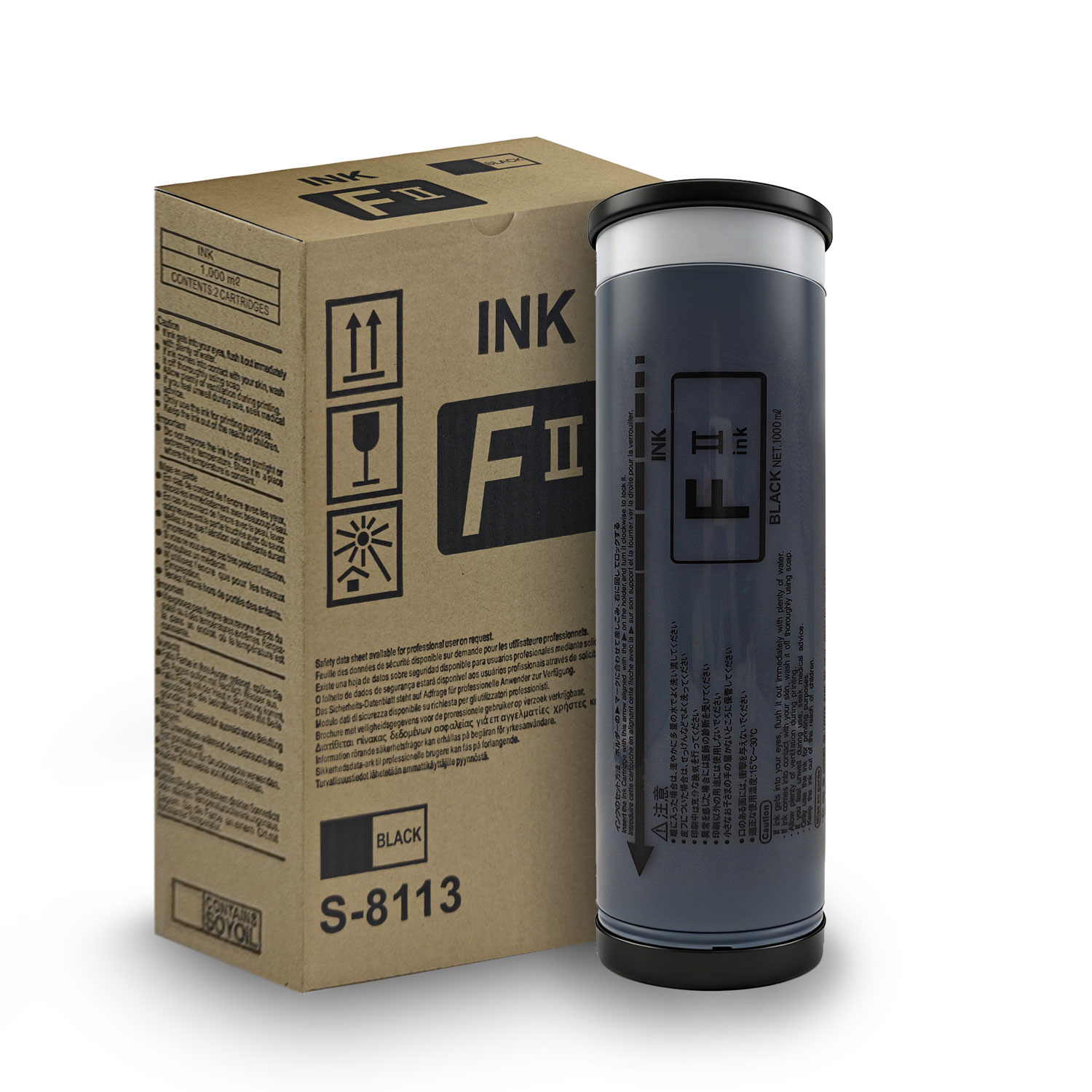 S-8113 Black F II Type Duplicator Ink Box of 2 Risograph S8113U  Riso EZ220, MZ390, MZ590, MZ790, RZ220, RZ230, RZ310, RZ370, RZ390, and RZ590