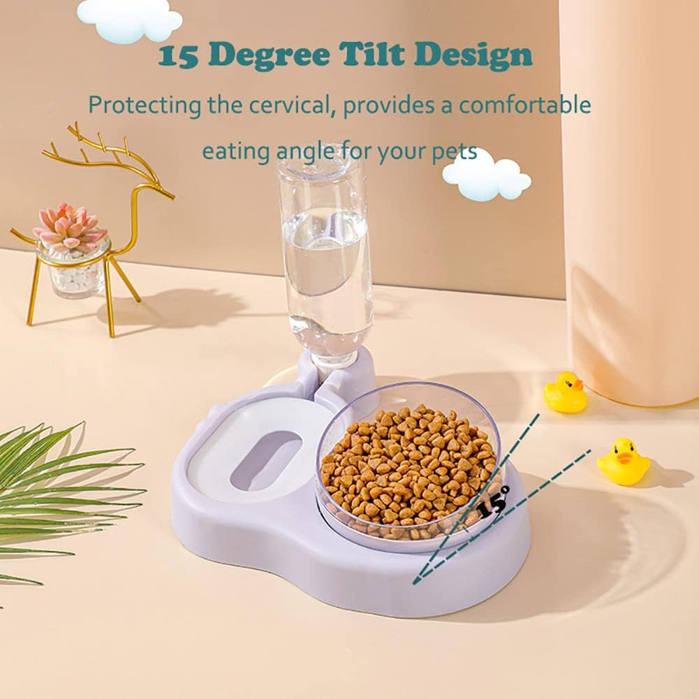2 in 1 Dog Cat Bowls Water and Food Bowl Set, 15°Tilted Raised Cat Bowls with Automatic Water Dispenser Bottle and Detachable Cat Dish, Pet Feeder for Small or Medium Dogs Cats Puppy Kitten Rabbit