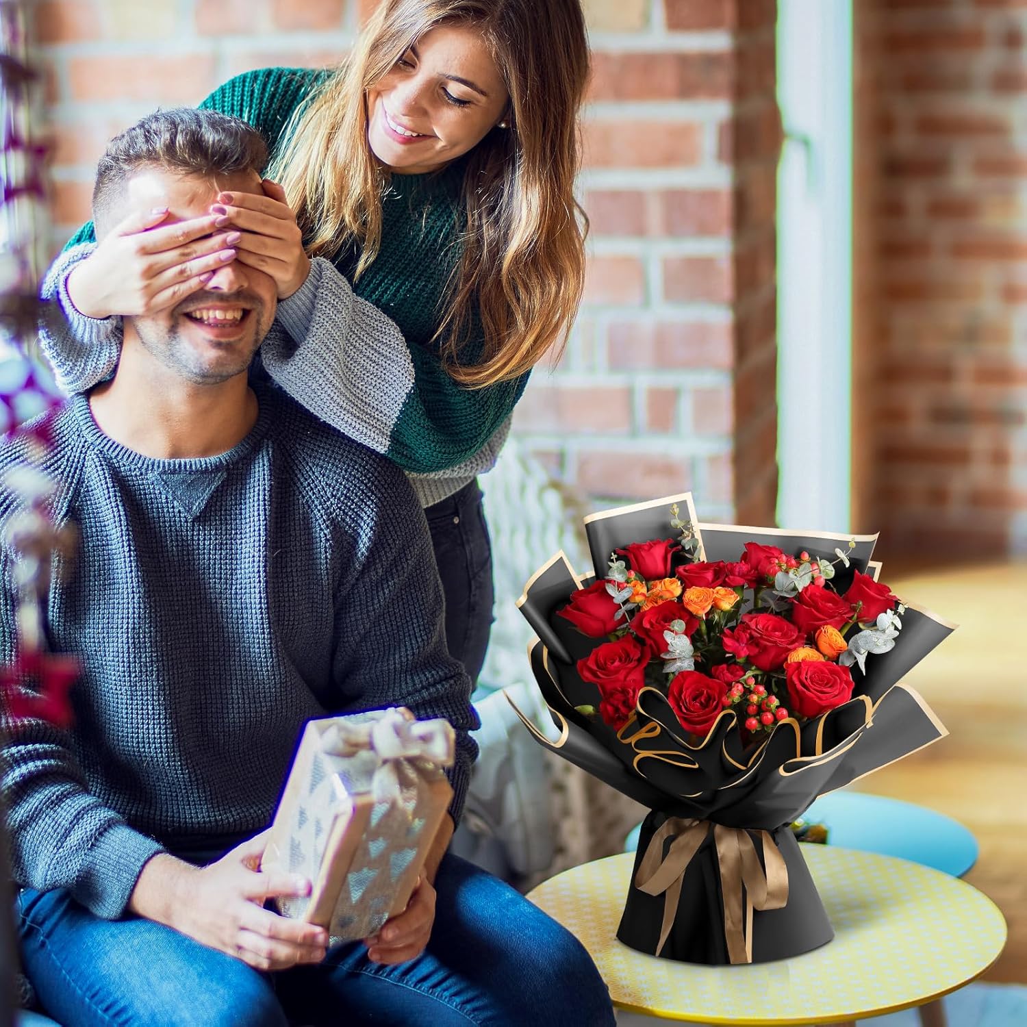 20 Sheets 23 x 23 inch Bouquet Wrapping Paper, Waterproof Flower Wrapping Paper Floral Packing for Wedding Valentines Day Birthday Gift DIY Black