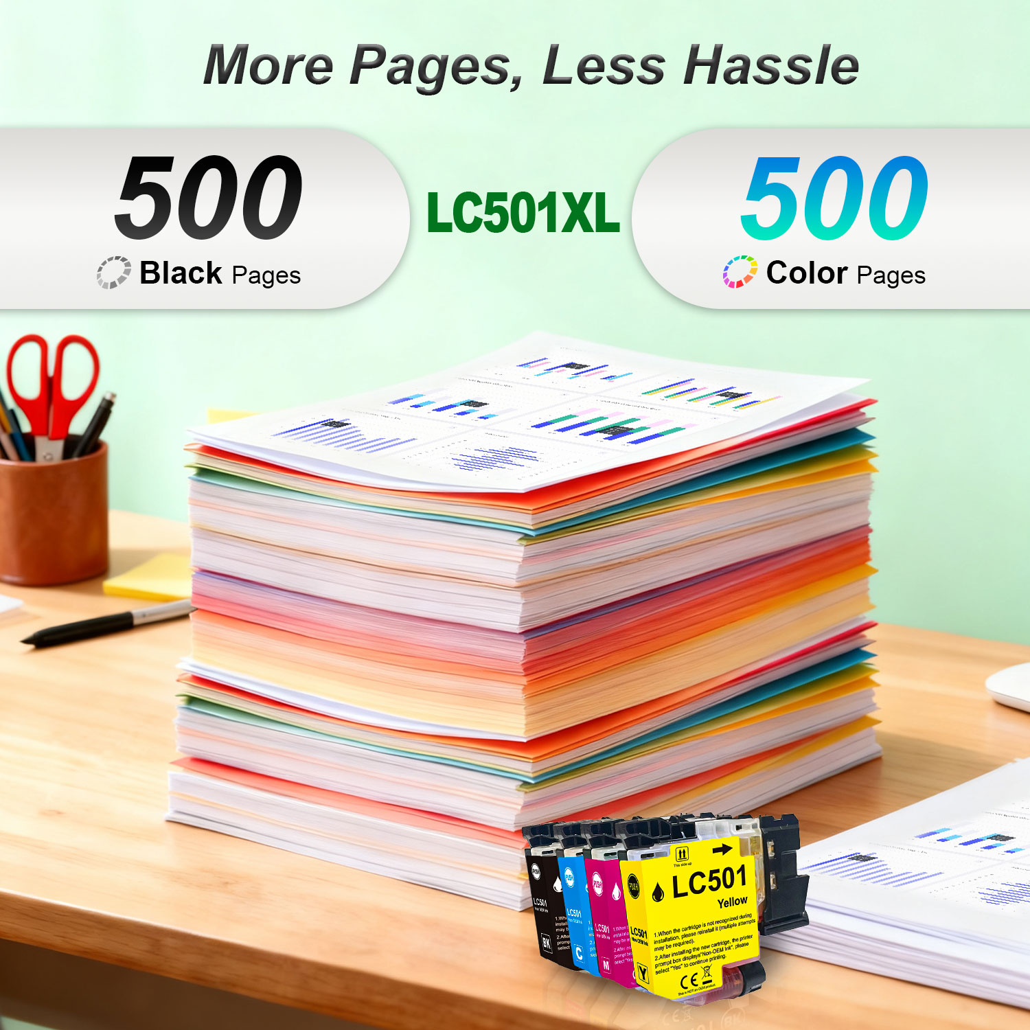 LC501 LC501XL Ink Cartridges for Brother Printer Compatible for Brother LC501 Ink Cartridges LC501XL LC 501 XL Work with MFC-J1360DW MFC-J1410DW MFC-J1260W Printer (Black Cyan Magenta Yellow, 4 Pack)