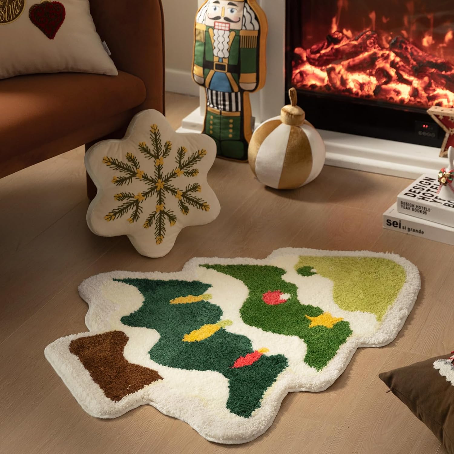 Christmas Tree Design Tufted Rug | 60x90cm Light Green Holiday Floor Mat, High-Pile Absorbent Doormat for Indoor & Outdoor Festive Decor