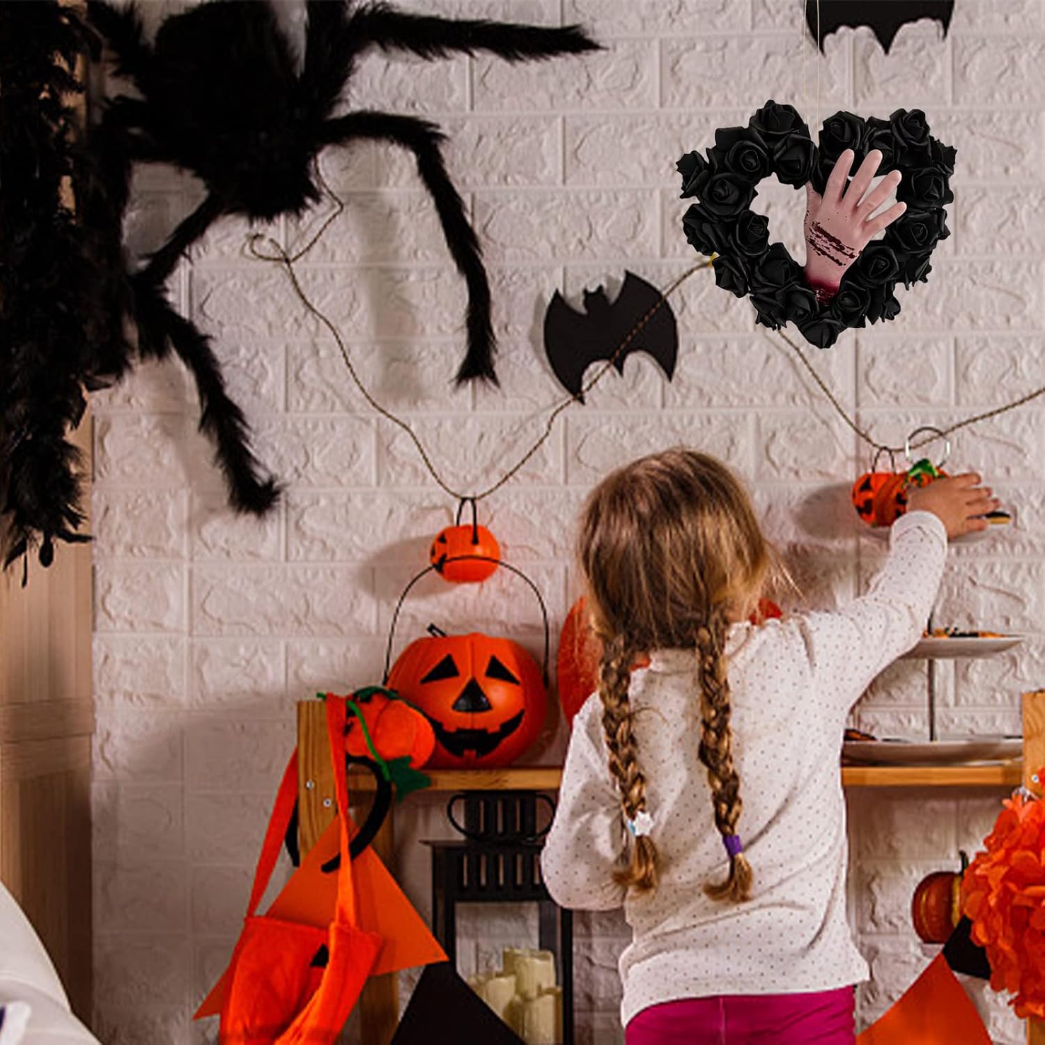 Halloween Bloody Hands Black Rose Wreath for Front Door,13.8 Inch Artificial Rose Heart-Shaped Rattan Wreath,Horror Wreath Hanging Ornament for Wall Window Halloween Decoration