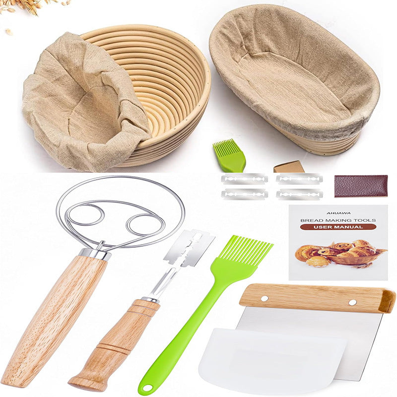 Banneton Bread Proofing Basket Set, 9 Inch Round Sourdough Starter Kit, Baking Supplies Tools with Dough Whisk, Scoring Lame, and Other Accessories for Artisan Bread Making