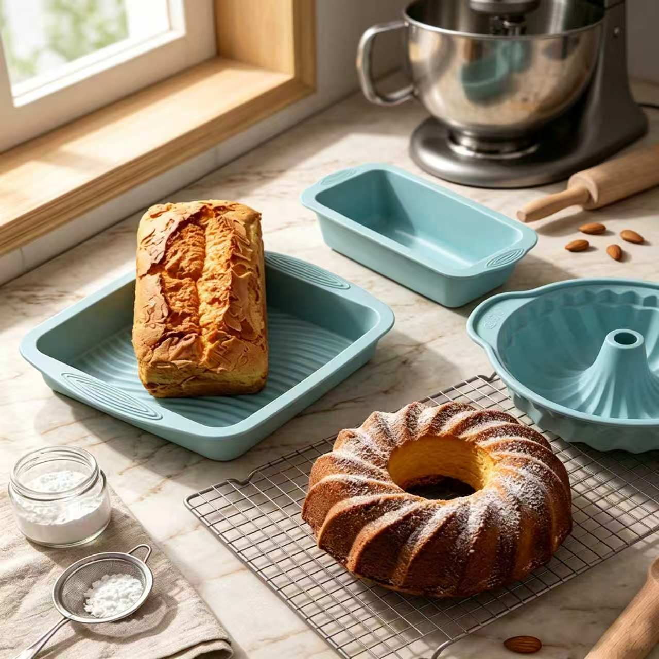 Silicone Baking Mold Set Non-Stick Food Grade Bakeware Kit Including Loaf Pan, Bundt Cake Mold, Muffin Tray for Bread Cake Baking Oven Use