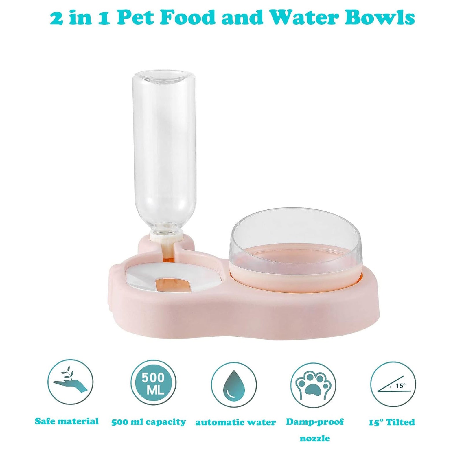 2 in 1 Dog Cat Bowls Water and Food Bowl Set, 15°Tilted Raised Cat Bowls with Automatic Water Dispenser Bottle and Detachable Cat Dish, Pet Feeder for Small or Medium Dogs Cats Puppy Kitten Rabbit