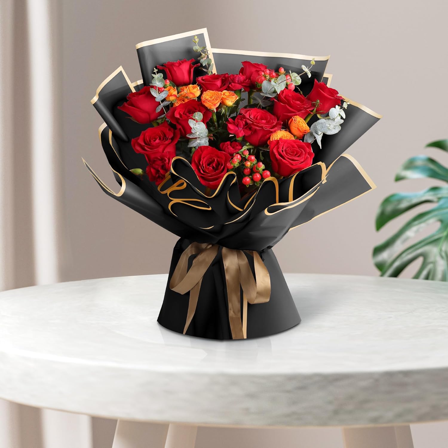 20 Sheets 23 x 23 inch Bouquet Wrapping Paper, Waterproof Flower Wrapping Paper Floral Packing for Wedding Valentines Day Birthday Gift DIY Black