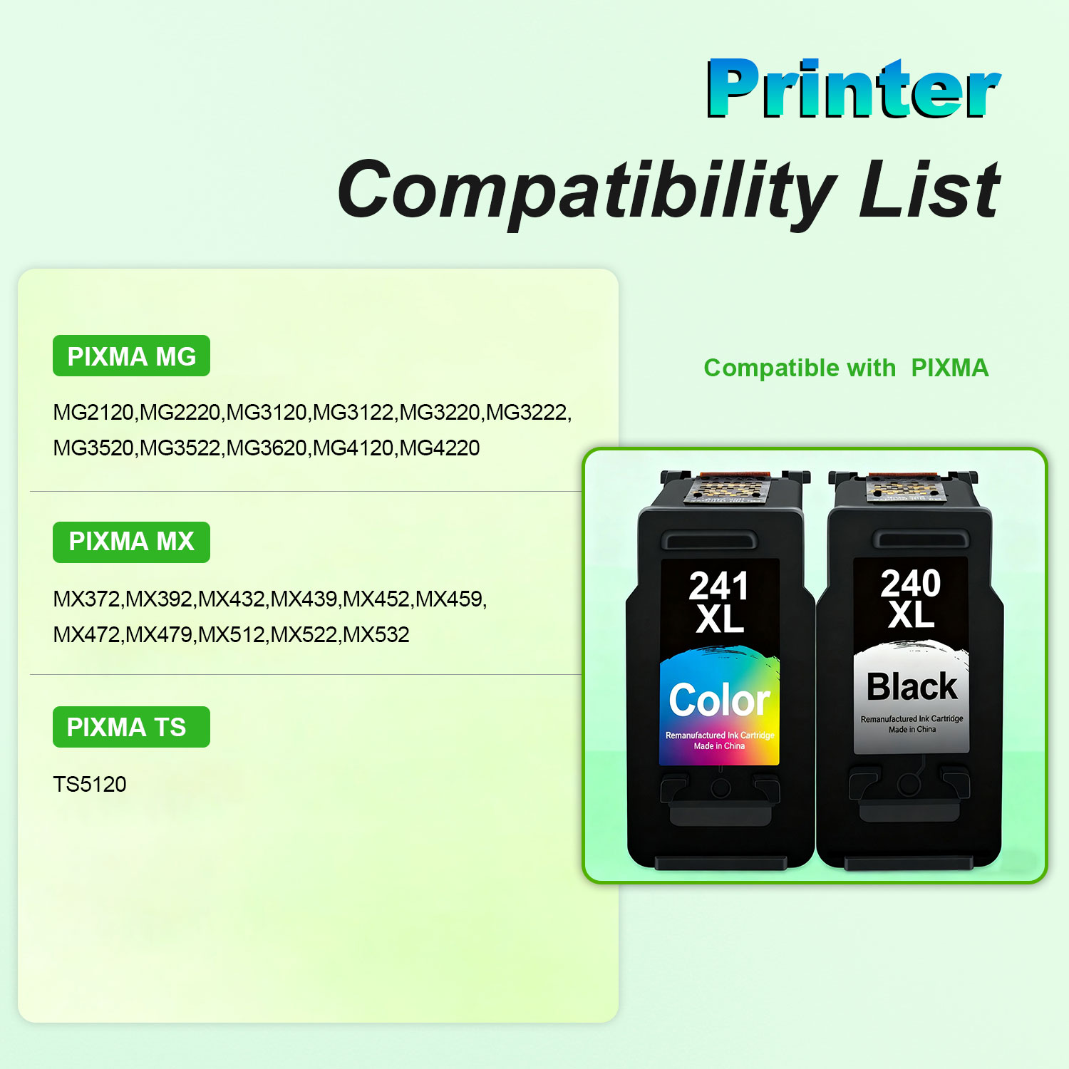 PG-240 XL/CL-241 XL Ink Cartridges for Canon 240XL 241XL Combo Pack Cannon Printer Ink 240 241 for PIXMA MG3620 MG3600 MG3520 TS5120 MG2120 MG3220 MX472 MX452 MX512 (Black & Color)