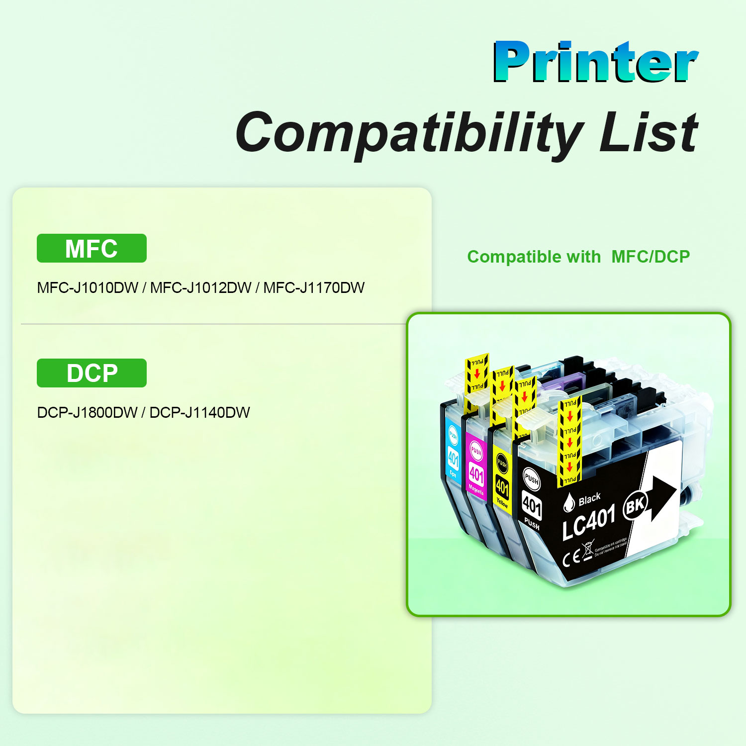 LC401 Ink Cartridges Replacement for Brother Printer Ink LC401 LC 401 Compatible with LC401 Ink Cartridges for Brother Printer MFC-J1010DW MFC-J1170DW MFC-J1012DW, 4PK（Black/Cyan/Magenta/Yellow)