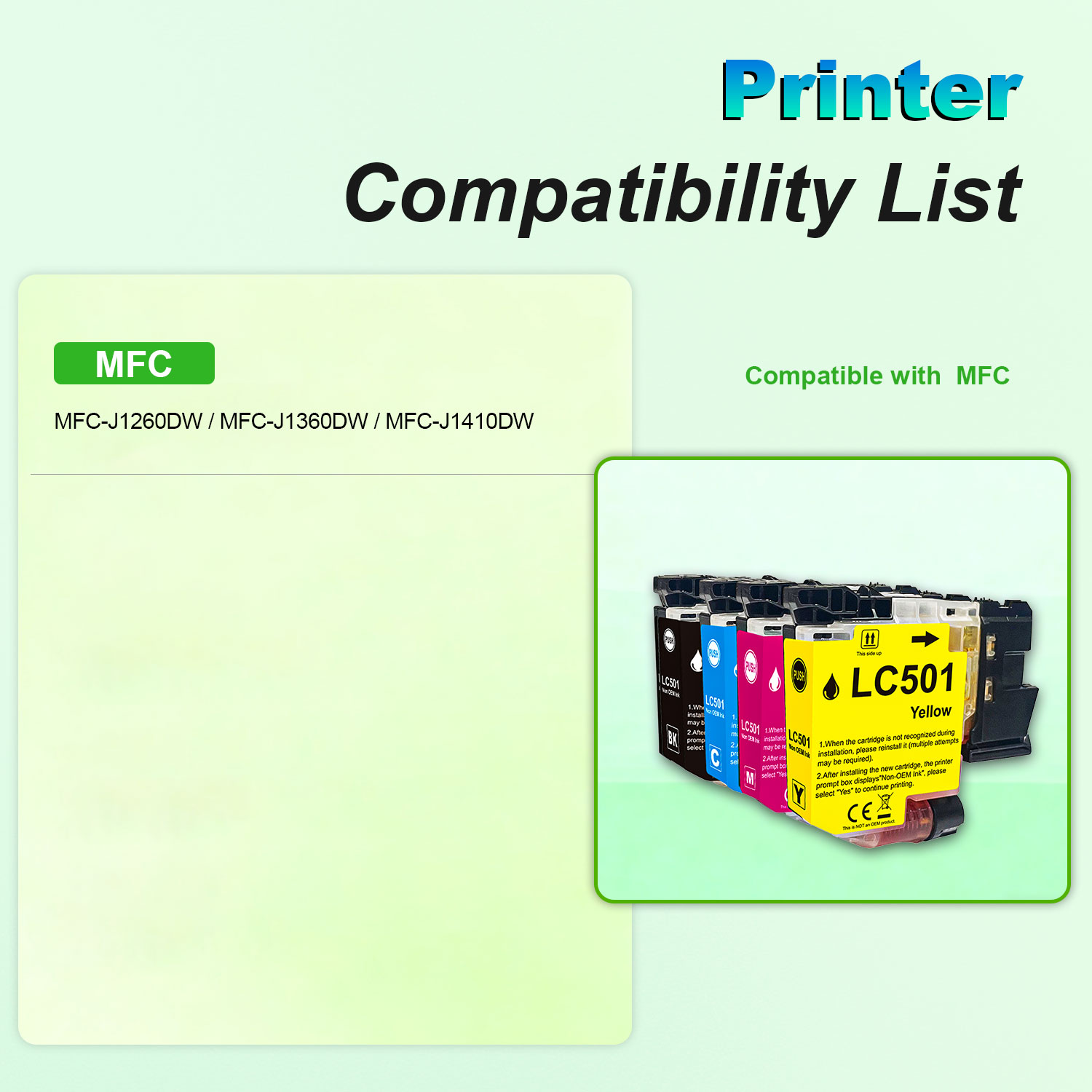 LC501 LC501XL Ink Cartridges for Brother Printer Compatible for Brother LC501 Ink Cartridges LC501XL LC 501 XL Work with MFC-J1360DW MFC-J1410DW MFC-J1260W Printer (Black Cyan Magenta Yellow, 4 Pack)