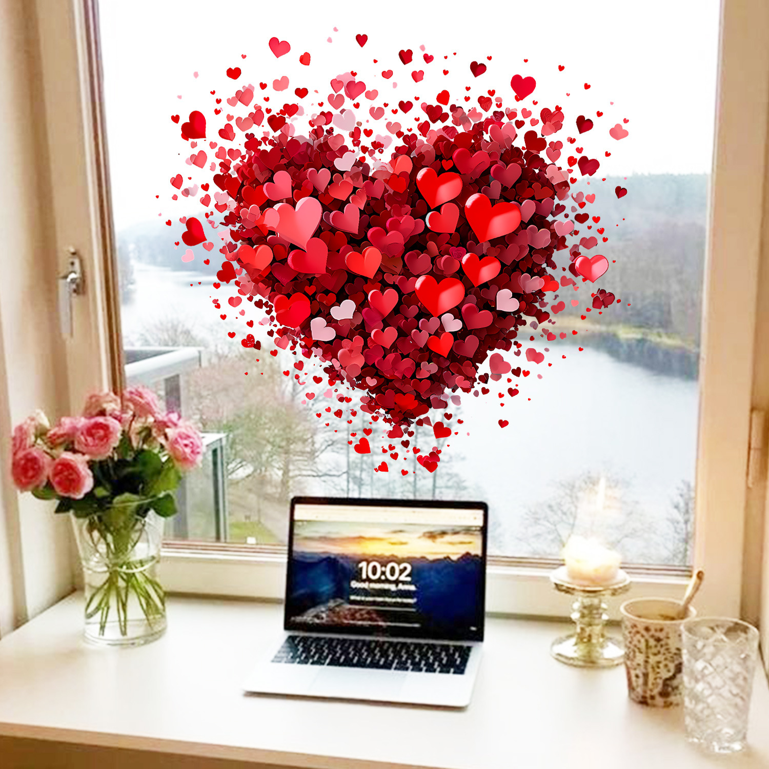 Valentine's Day Heart Window Stickers - Static Cling Decor for Bedroom/Living Room/Dining Room, No Glue Reusable Glass Decals for Holiday