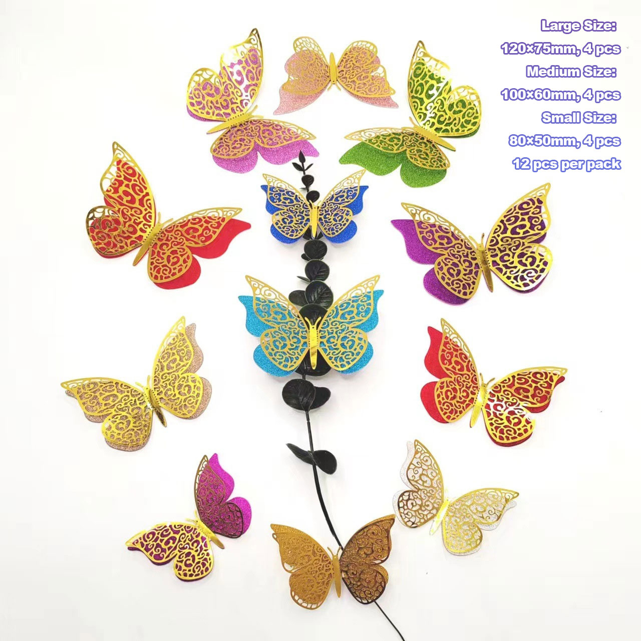 Glitter Gold Butterfly Decor: Sparkling Accents for Festive Walls & Cakes, 12-Piece Set