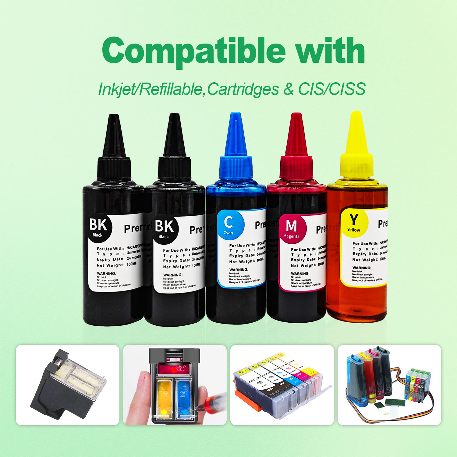 Professional Grade Ink Refill Kit | Complete 5-Bottle Set with Precision Syringes for Refillable Cartridge Systems | Dye Ink for Text & Graphics Printing