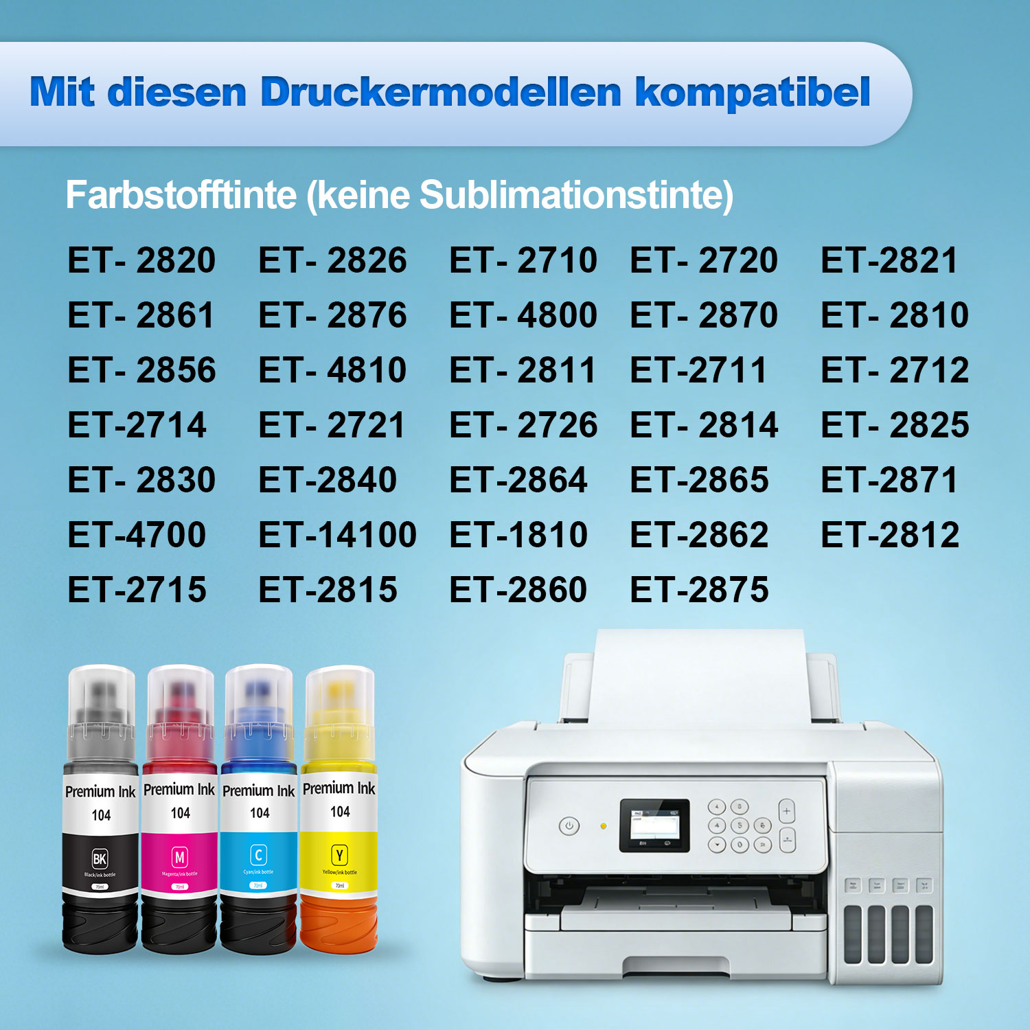 Tinte 104 Multipack kompatibel für Epson 104 Tinte ET-2820 ET-4800 ET-2870 ET-2810 ET-2862 ET-2826 ET-2856 ET-4810 ET-2811 ET-2812 ET-2814 ET-2815 ET-2821 ET-2710 ET-2711 Drucker(2Schwarz, C, M, Gelb)