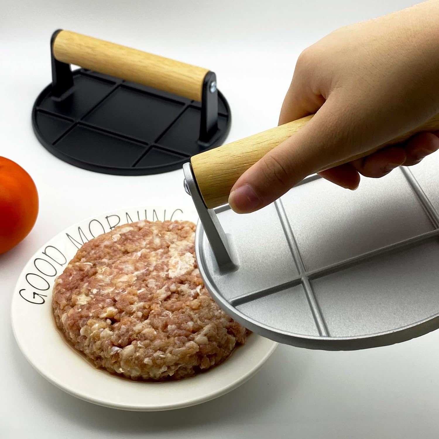 Burger Press, Round Square Burger Smasher for Griddle with Anti-Scald Handle, Non-Stick Smooth Stainless Steel Hamburger Press, Grill Press for Flat Top Grill Cooking, Gift Package, Round,Silver