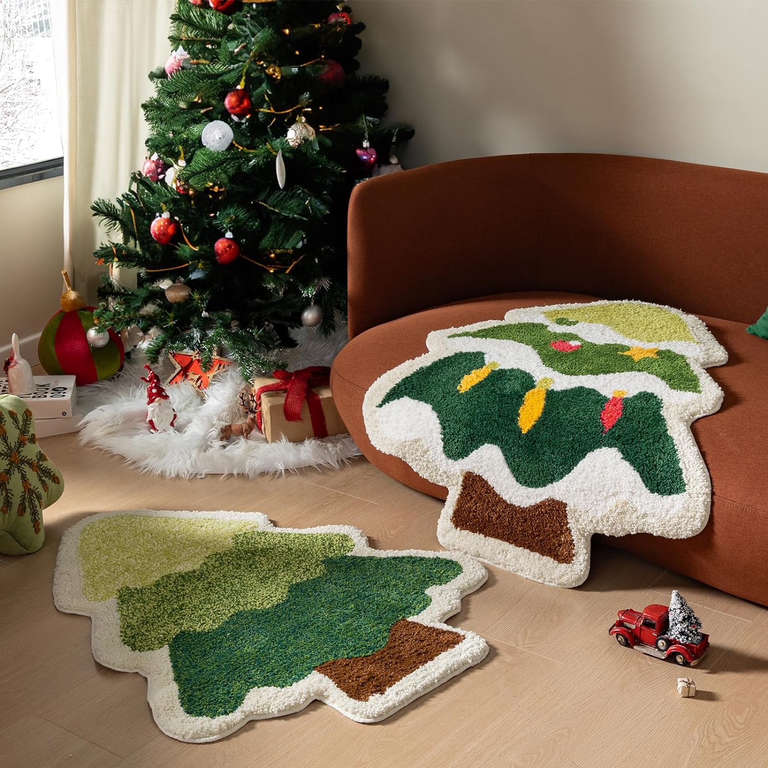 Christmas Tree Design Tufted Rug | 60x90cm Light Green Holiday Floor Mat, High-Pile Absorbent Doormat for Indoor & Outdoor Festive Decor