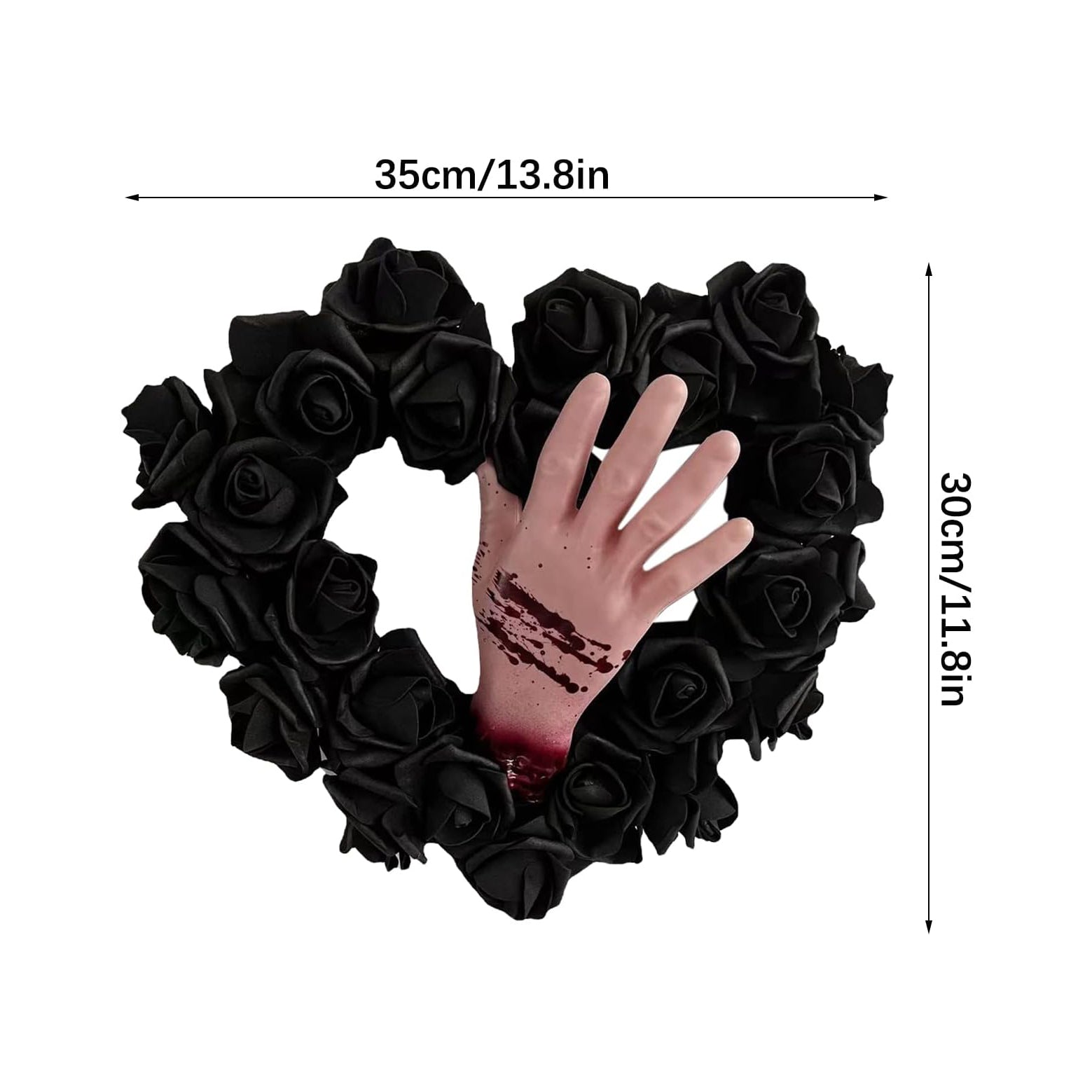 Halloween Bloody Hands Black Rose Wreath for Front Door,13.8 Inch Artificial Rose Heart-Shaped Rattan Wreath,Horror Wreath Hanging Ornament for Wall Window Halloween Decoration