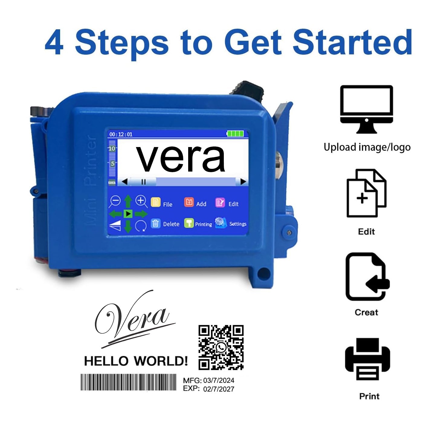 Portable Mini Handheld Inkjet Printer  for All Surfaces with Black Fast-Drying Ink Cartridge, 2.8'' Touch Screen Compact Coding Machine for Text, Date, Time, Barcode, Logo, QR Code, Batch Number