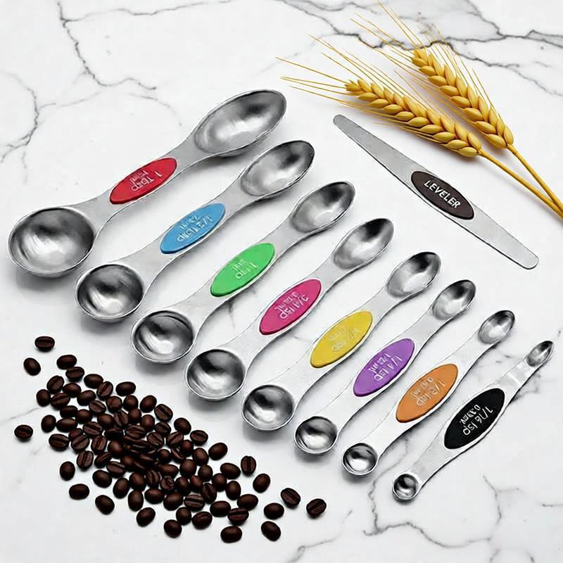 Magnetic Measuring Spoons Set of 9 Dual Sided Stainless Steel Measuring Spoons Stackable Nesting Tablespoon Teaspoon, Fits in Spice Jars, for Dry or Liquid Ingredients