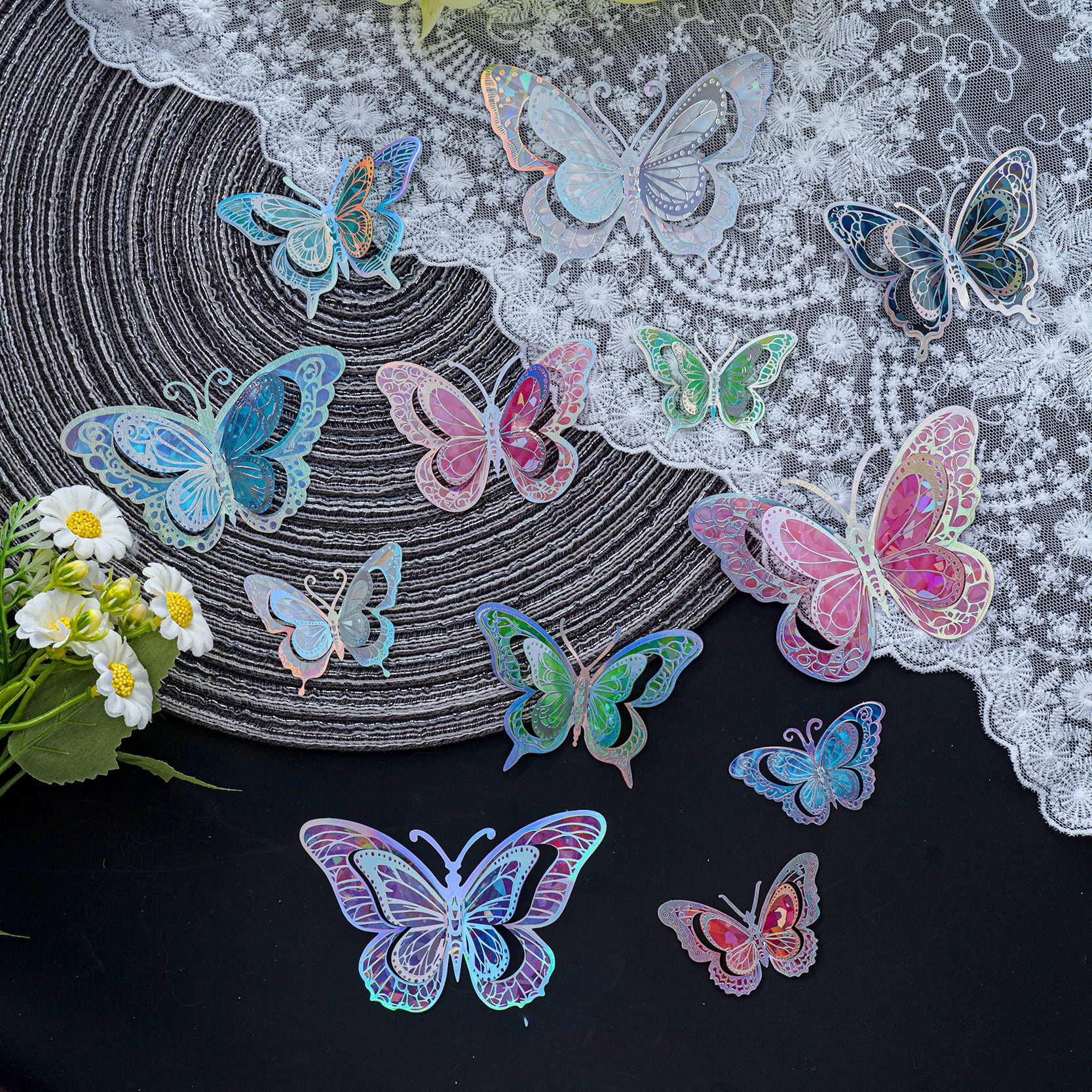 Rainbow Holographic Butterfly Stickers: Magical Decor for Your Wall, 12-Piece Set with 8 Dreamy Colors