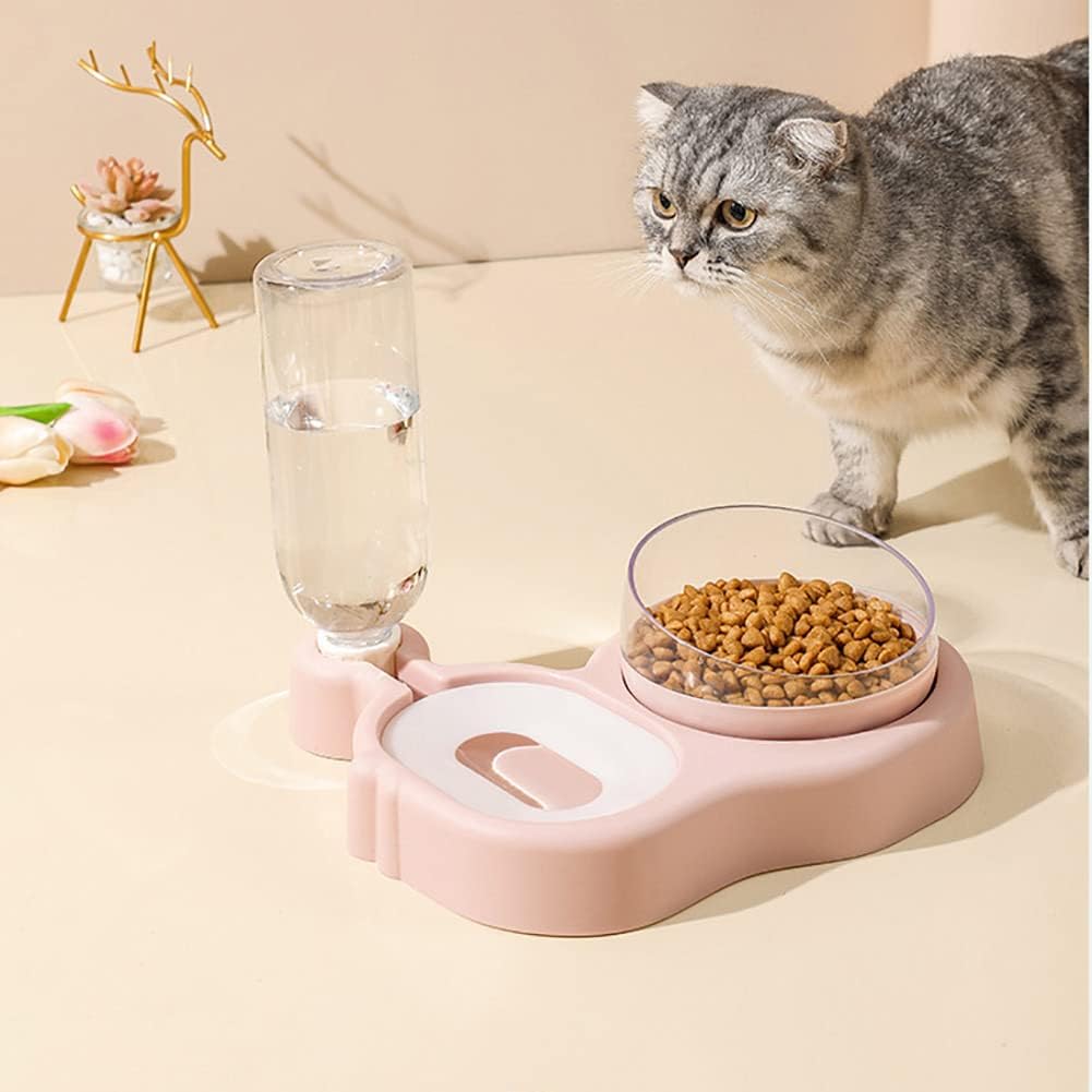 2 in 1 Dog Cat Bowls Water and Food Bowl Set, 15°Tilted Raised Cat Bowls with Automatic Water Dispenser Bottle and Detachable Cat Dish, Pet Feeder for Small or Medium Dogs Cats Puppy Kitten Rabbit