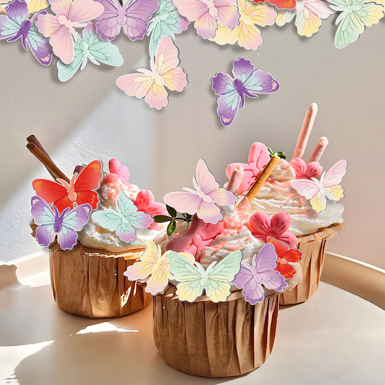 Fruit Garden Butterfly Cake Picks | 72 Edible Wafer Paper Butterflies with Fruit-Print Wings, Assorted Color Cupcake Decorations, Whimsical Edible Cake Toppers for Spring Parties