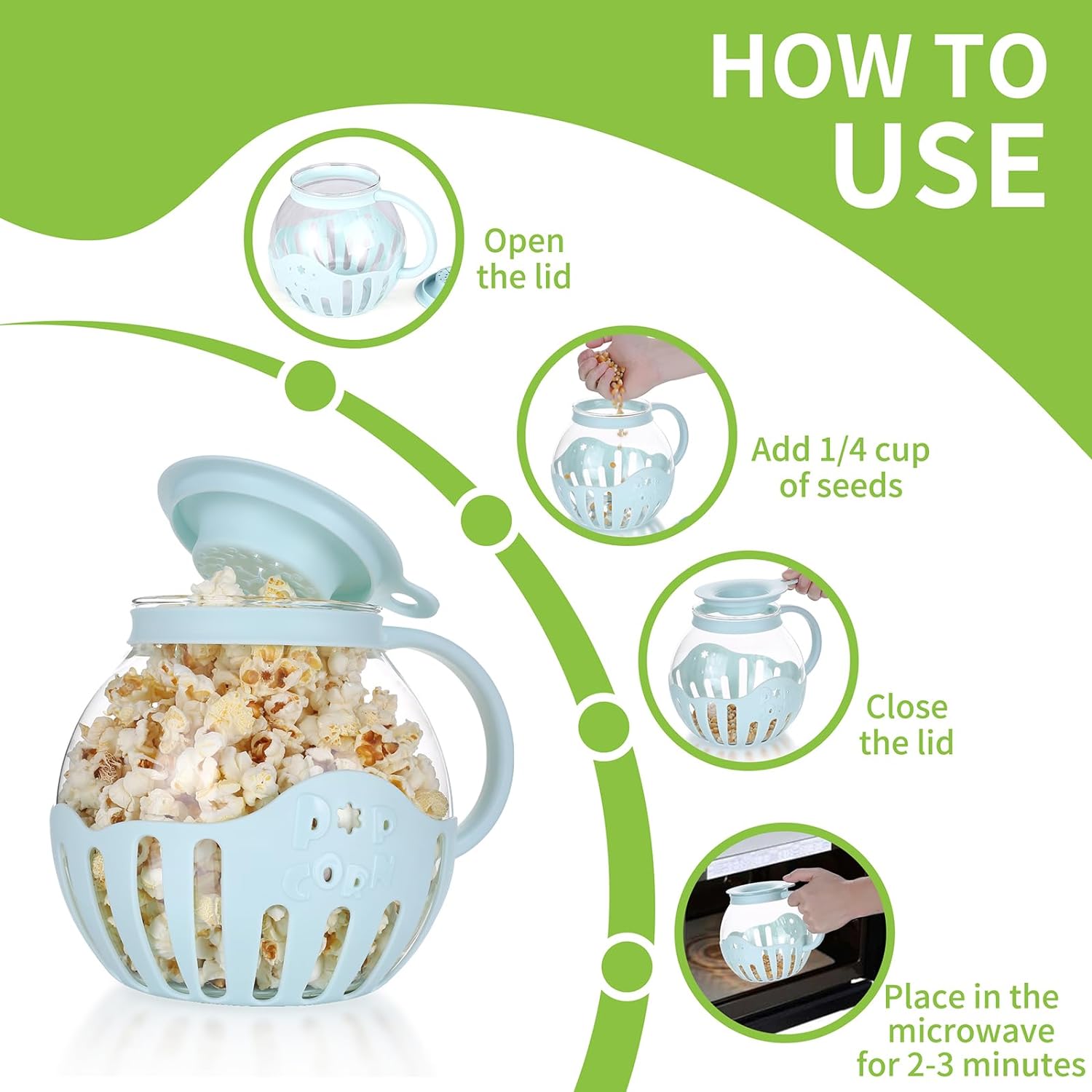 Borosilicate Glass Popcorn Popper | Silicone-Lid Microwave Popcorn Maker, Oil-Free Healthy Snack Maker for Family Movie Nights & Parties