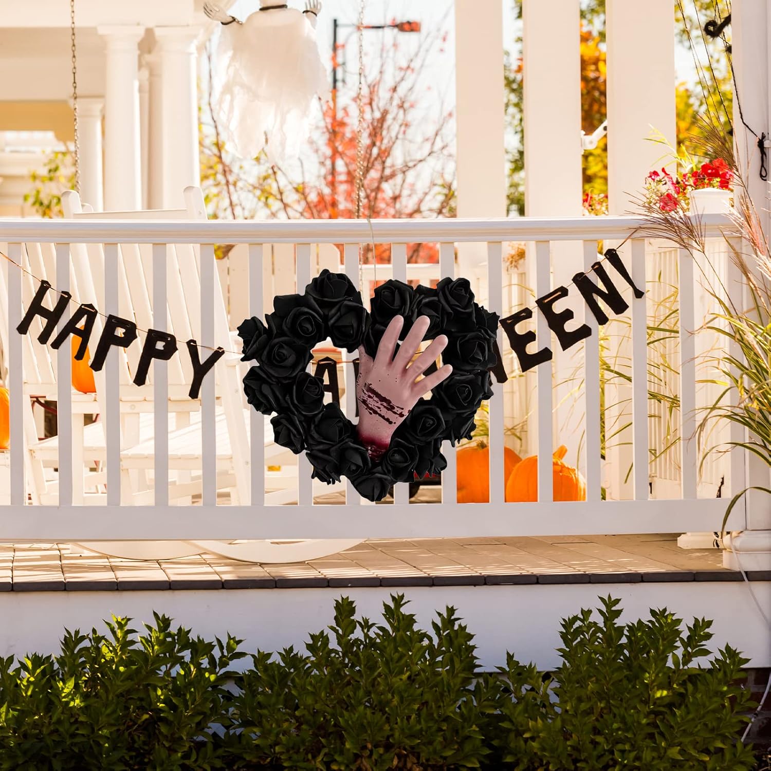 Halloween Bloody Hands Black Rose Wreath for Front Door,13.8 Inch Artificial Rose Heart-Shaped Rattan Wreath,Horror Wreath Hanging Ornament for Wall Window Halloween Decoration