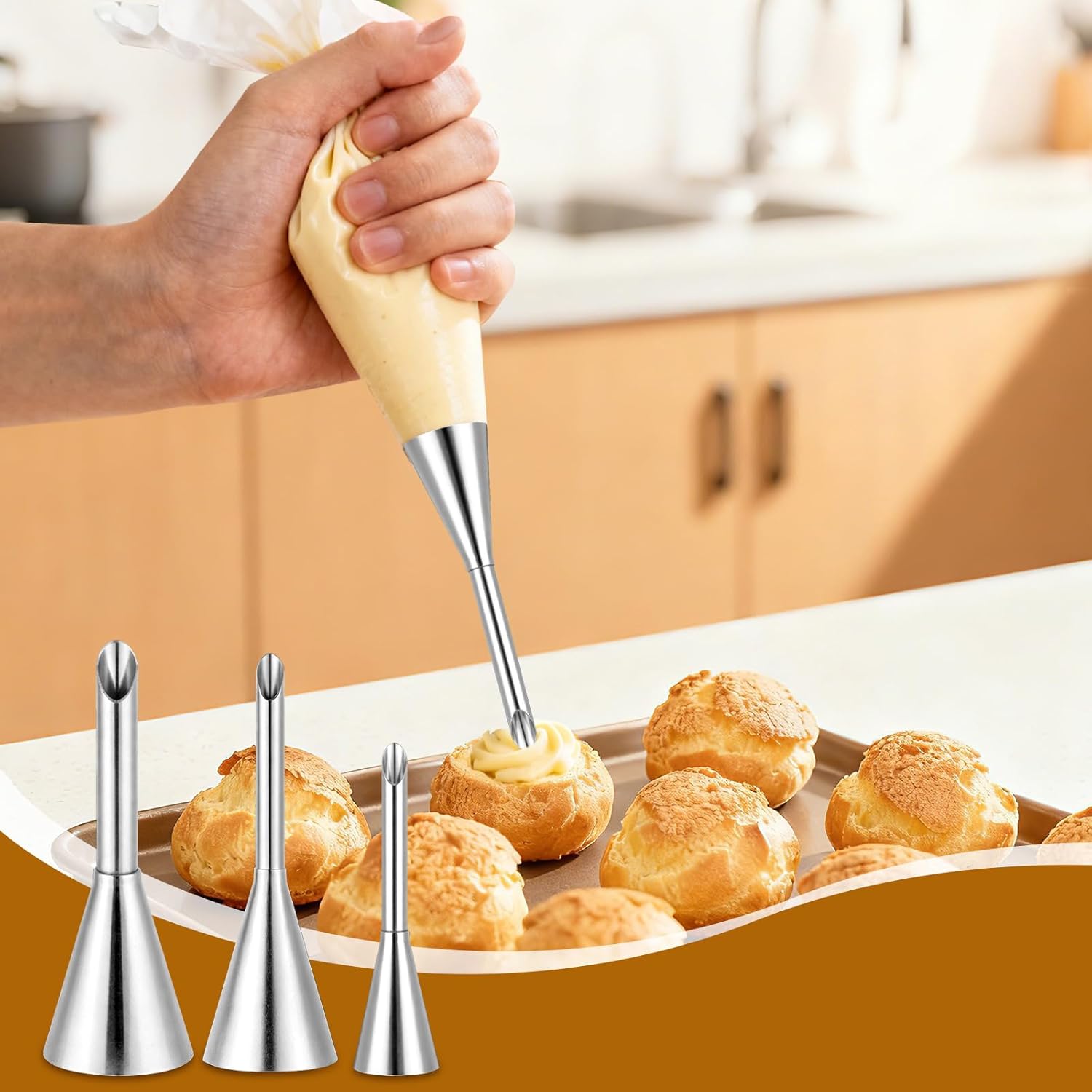 5Pcs Long Filling Puff Piping Tips Set, 304 Stainless Steel Cream Injector Nozzles for Puff, Croissant, Eclair Dessert Filling