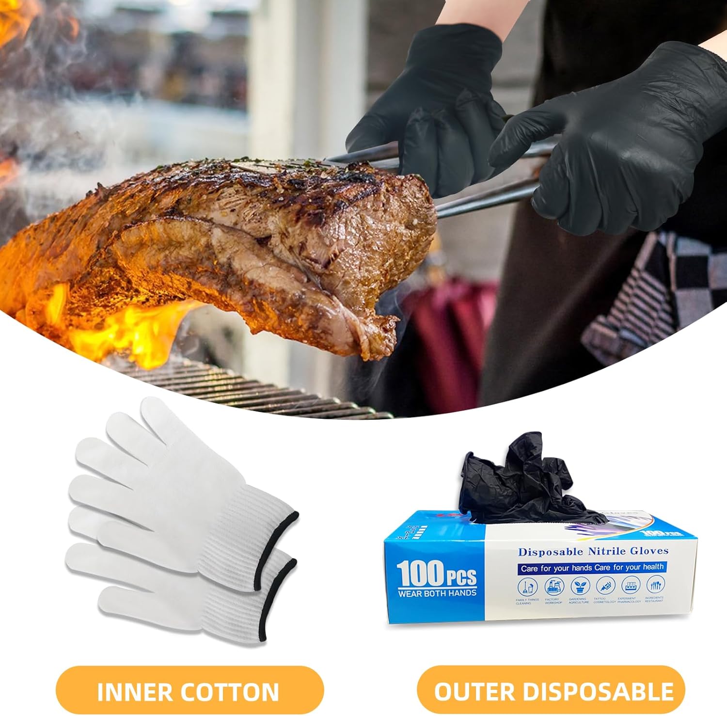 Disposable Nitrile Gloves 100 Pcs: with 2 Cotton Liners, Food Grade Heat Resistant for BBQ Smoker & Cooking