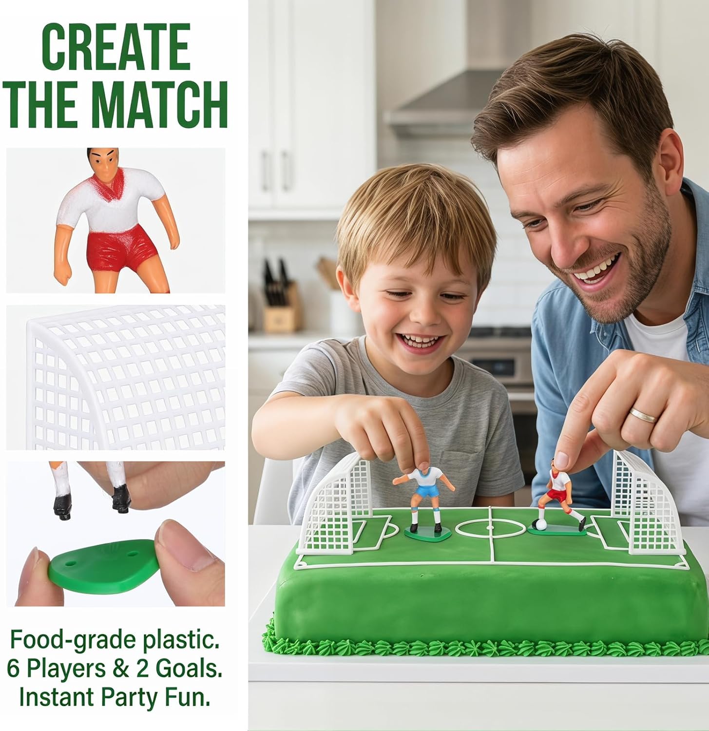 Football Cake Topper Set, Cake Topper with 6 Soccer Player Figures and 2 Goals Creative Sports Themed Birthday Decoration for Boys Non-Edible Soccer Party Decor