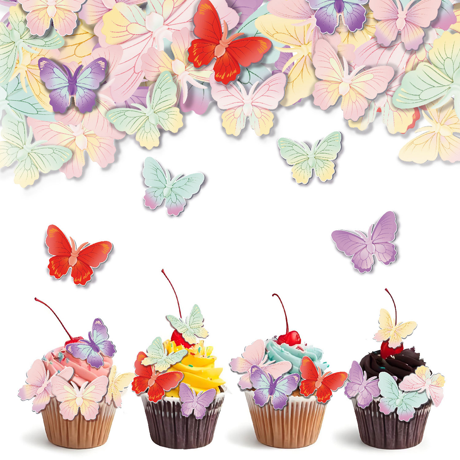 Fruit Garden Butterfly Cake Picks | 72 Edible Wafer Paper Butterflies with Fruit-Print Wings, Assorted Color Cupcake Decorations, Whimsical Edible Cake Toppers for Spring Parties