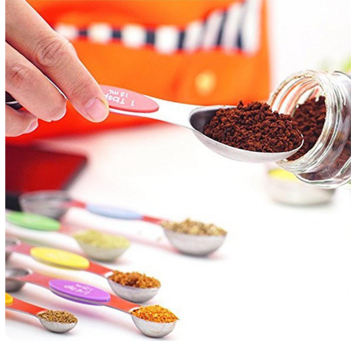 Magnetic Measuring Spoons Set of 9 Dual Sided Stainless Steel Measuring Spoons Stackable Nesting Tablespoon Teaspoon, Fits in Spice Jars, for Dry or Liquid Ingredients