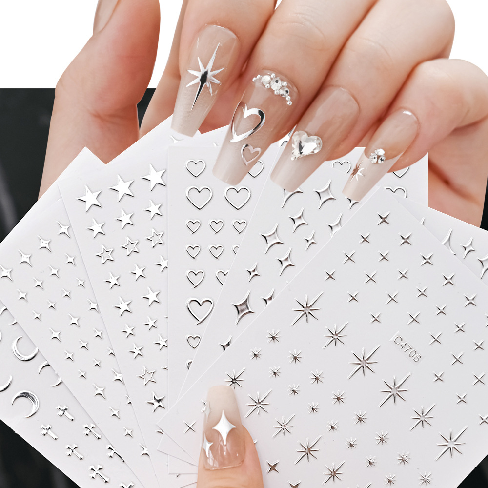 Liquid Metal Mirror Nail Stickers | Y2K Millennium Style Star & Heart Small Pattern Nail Art, Edgy Fashion Nail Decals Set