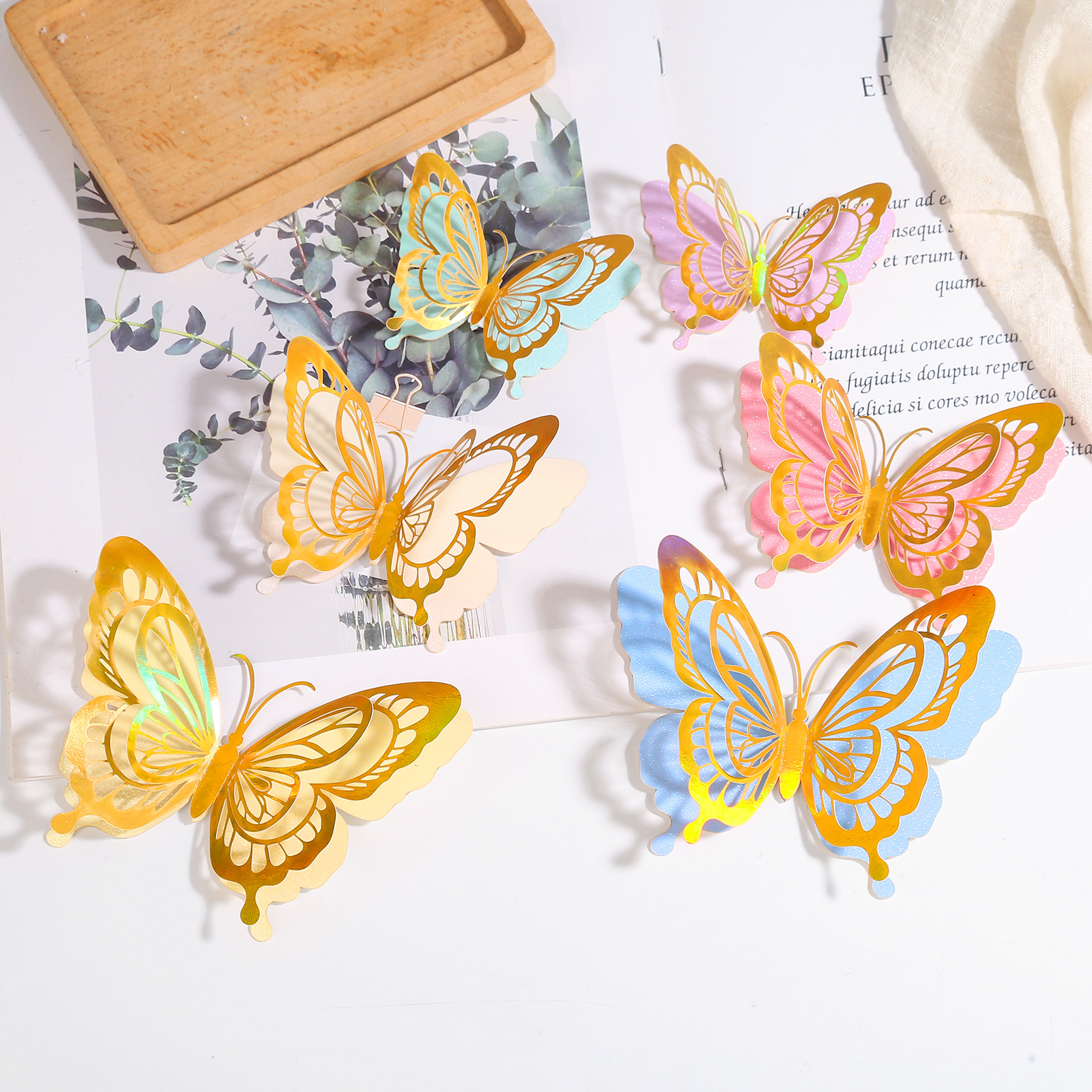 Layered Metallic Butterflies: Whimsical Decor for Your Wall & Cakes, 12-Piece Colorful Set