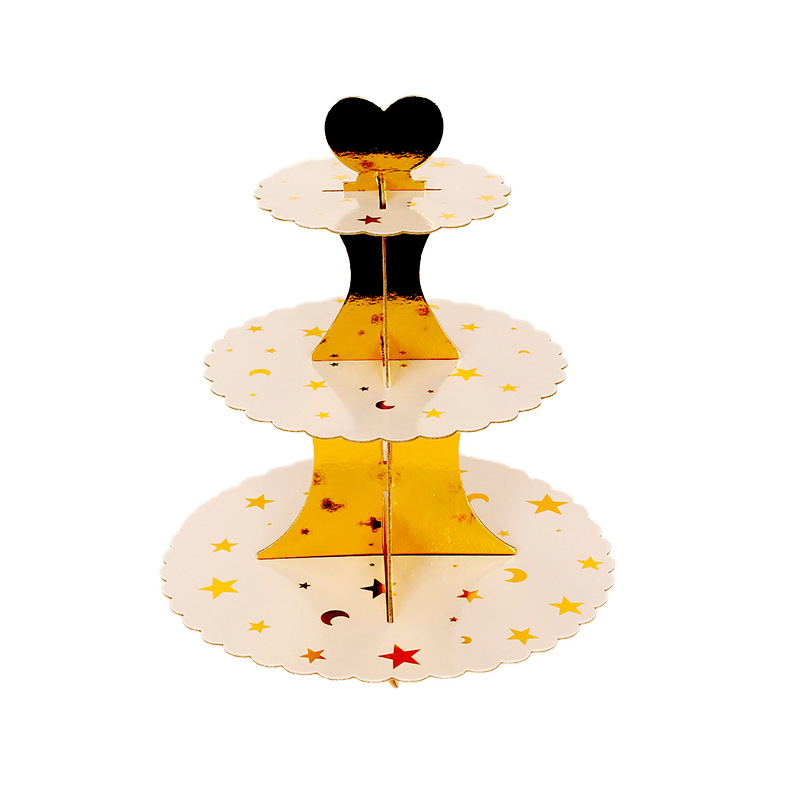 3-Tier Gold Foil Paper Cupcake Stand, Disposable Dessert Display Tray for Birthday Wedding Party