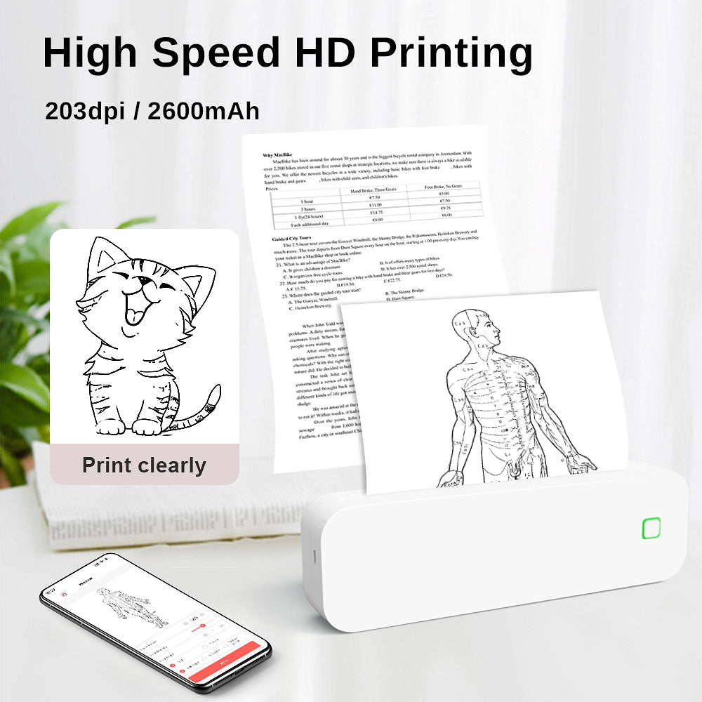 D210 Portable Wireless Thermal Printer – Inkless Printer for Travel, Office & Home, Compatible with iPhone/Android/Mac/Windows, Supports A4