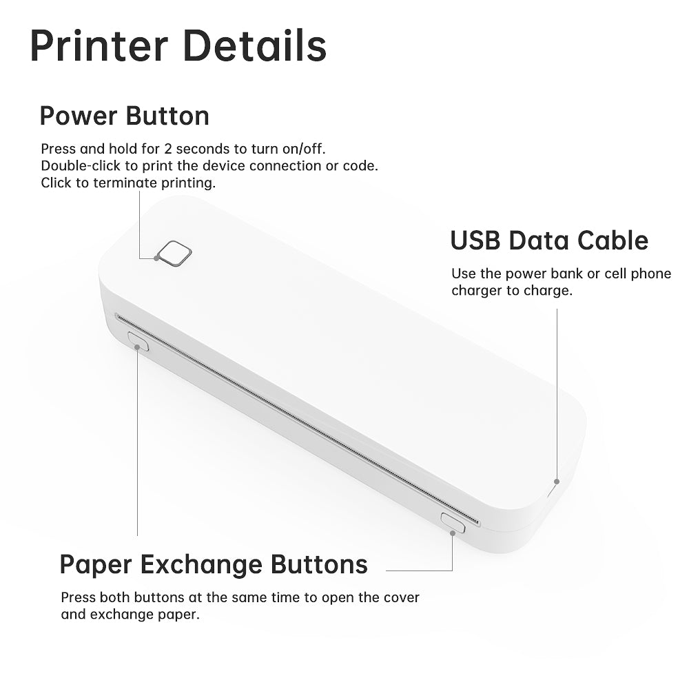 D210 Portable Wireless Thermal Printer – Inkless Printer for Travel, Office & Home, Compatible with iPhone/Android/Mac/Windows, Supports A4
